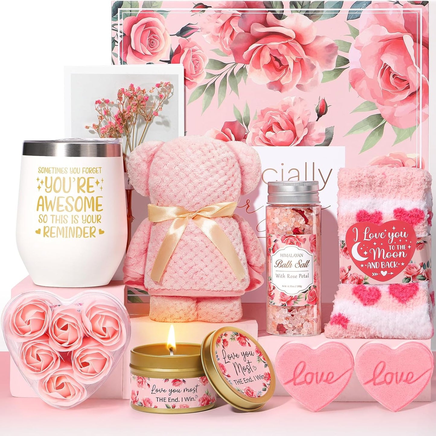 Rose Spa Set - Bday & Mom’s Day Gifts for Her (Pink Romantic, Self Care)