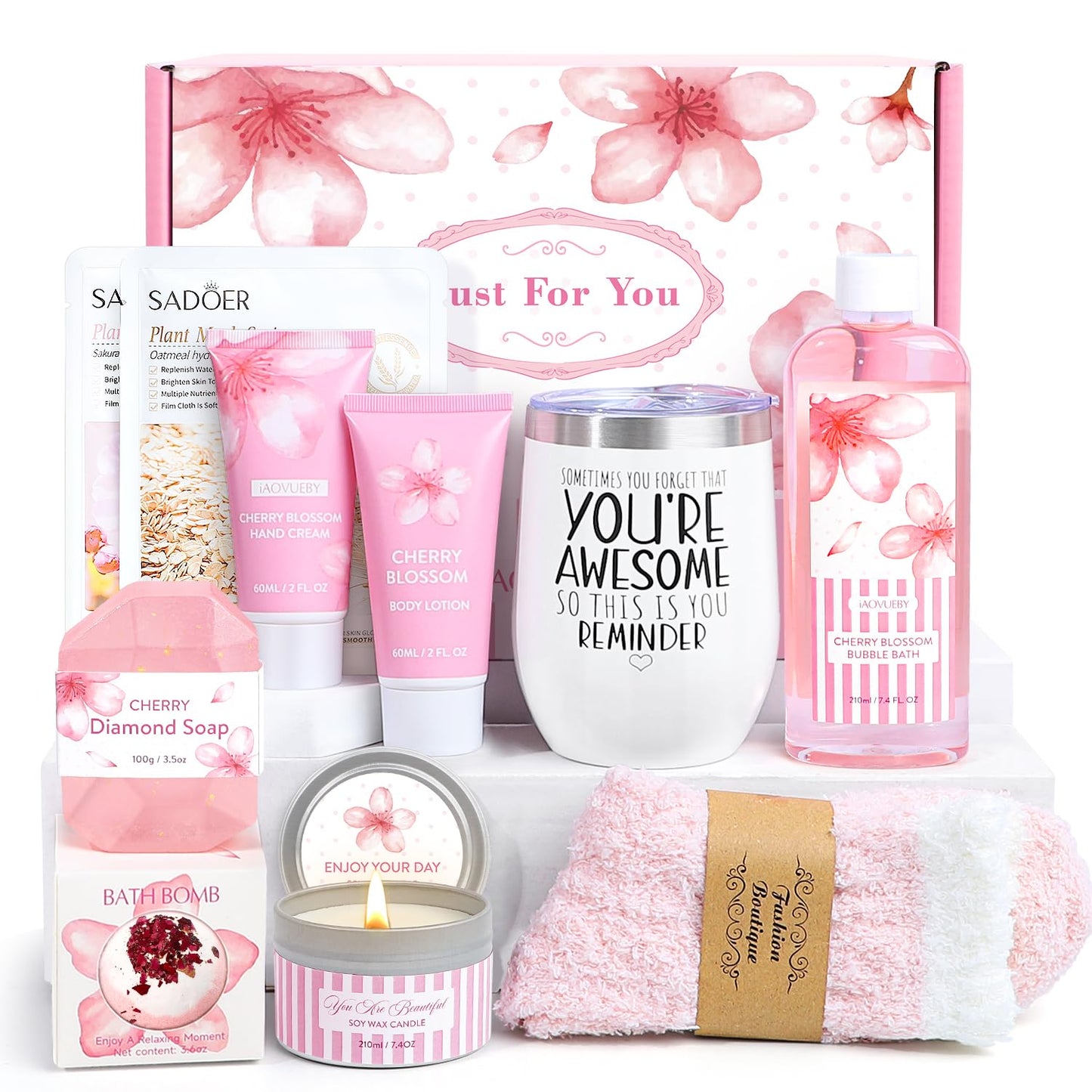 Cherry Blossoms Spa Gift Basket – Perfect Birthday & Christmas Present for Mom, Sister & Friends (12 - Piece Self Care Set)