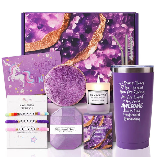 Purple Spa Gift Basket – Christmas & Valentine’s Day Present for Mom, Sister & Friends (With Greeting Card)
