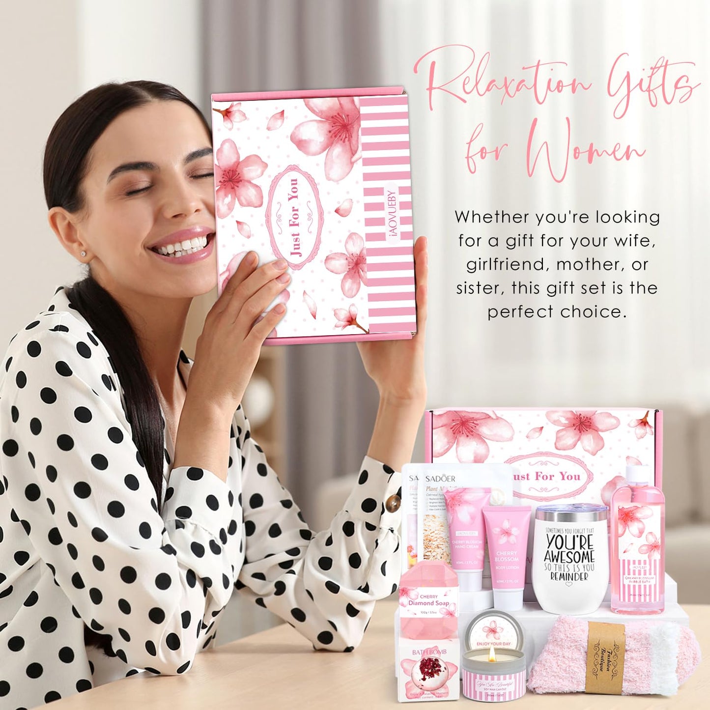 Cherry Blossoms Spa Gift Basket – Perfect Birthday & Christmas Present for Mom, Sister & Friends (12 - Piece Self Care Set)