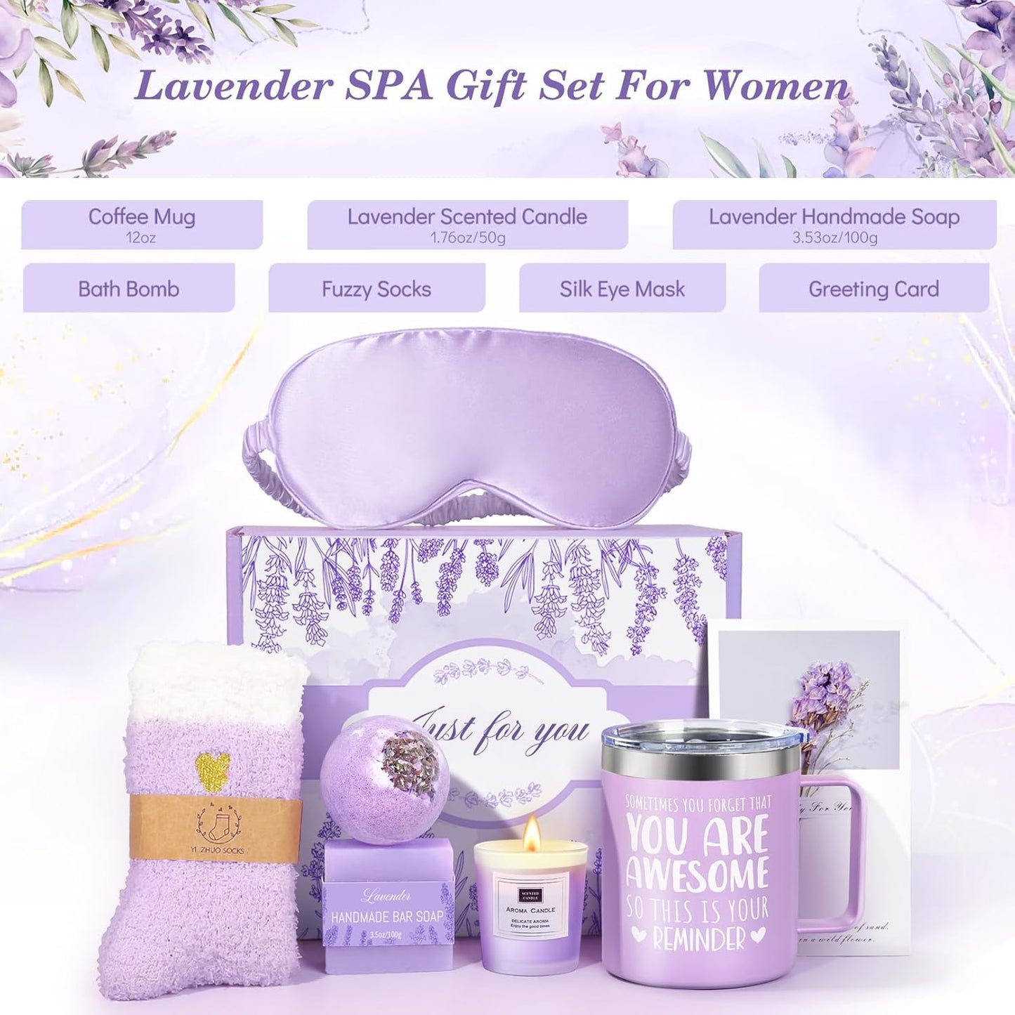 Lavender Spa Set - Bday & Mom’s Day Gifts for Her (Purple, Mom, Wife, Sister)