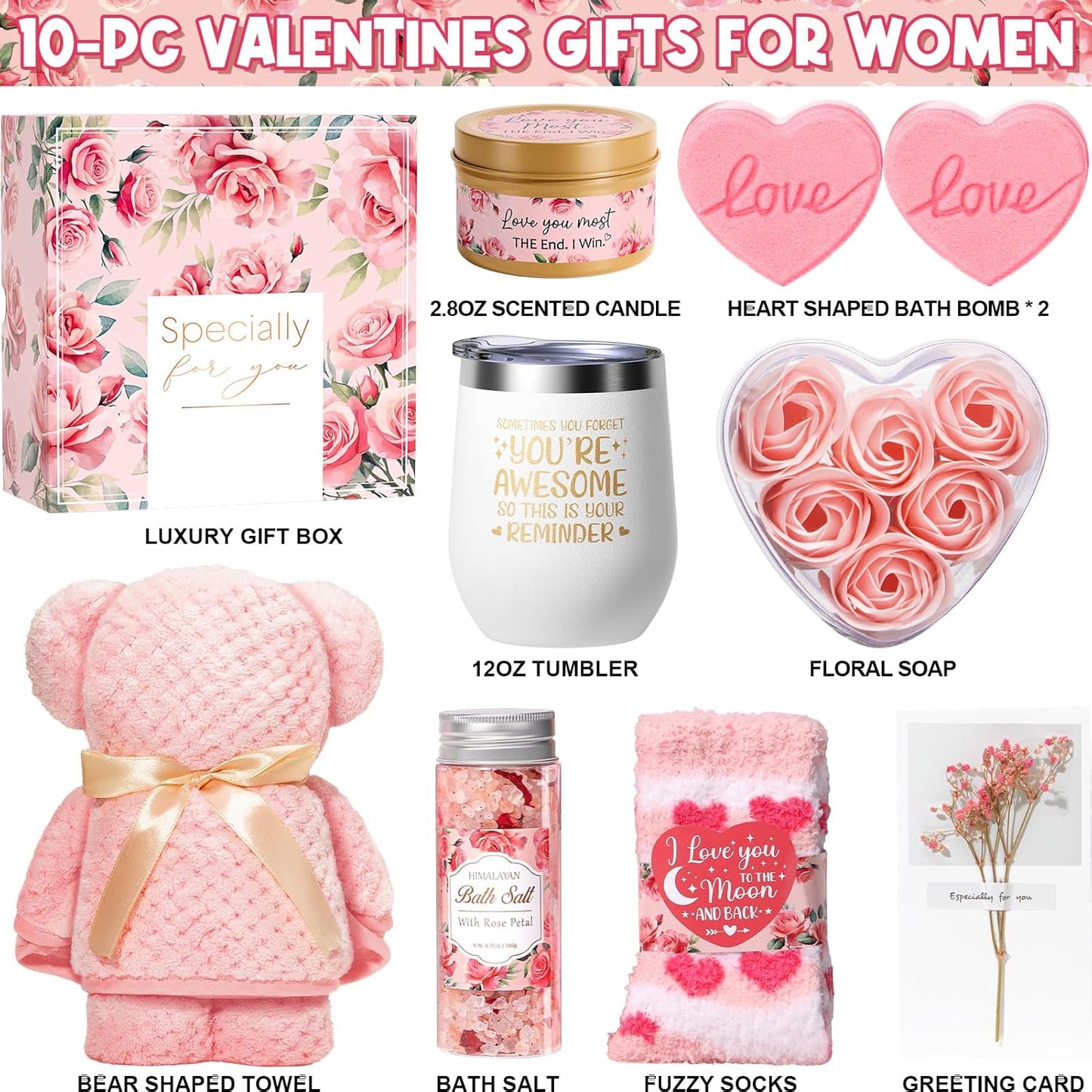 Rose Spa Set - Bday & Mom’s Day Gifts for Her (Pink Romantic, Self Care)