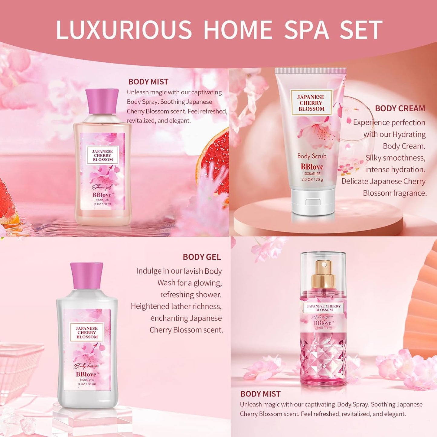 Japanese Cherry Blossom Bath Set - 4pcs Luxury - Women Mom Gifts