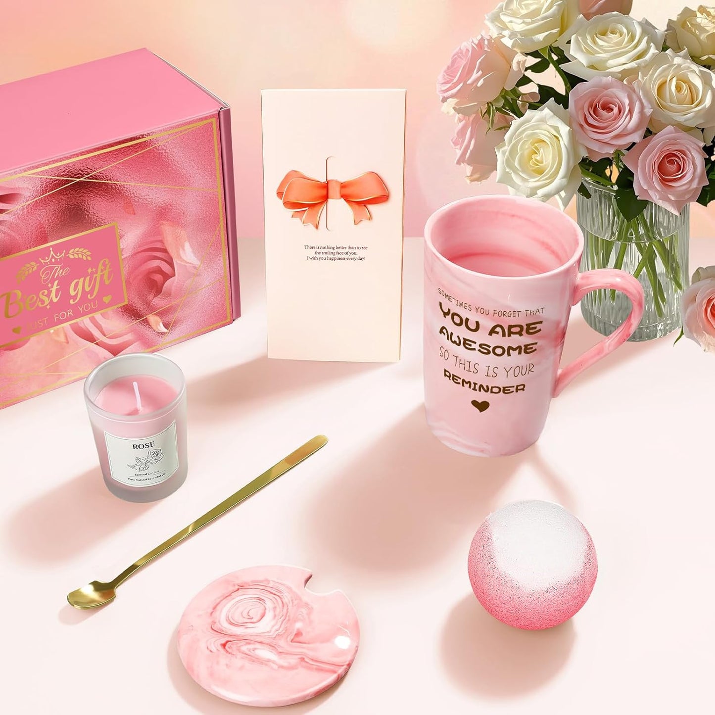 Pink Rose Spa Basket - Women Mom Wife Gifts - Birthday Christmas