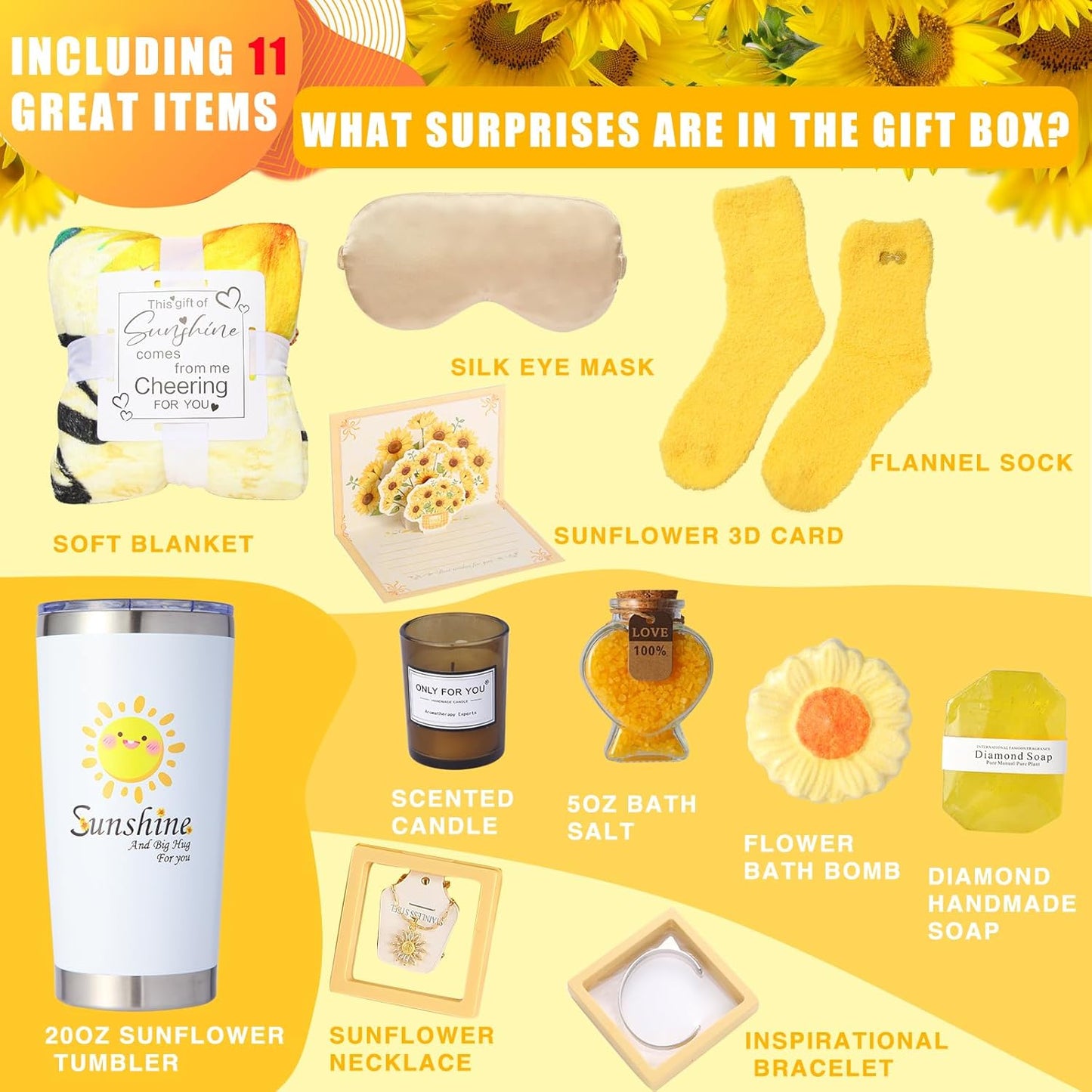 Sunshine Care Package – 11 - Piece Sunflower Gifts for Her (Get Well, Birthdays & CHEER HER UP!)