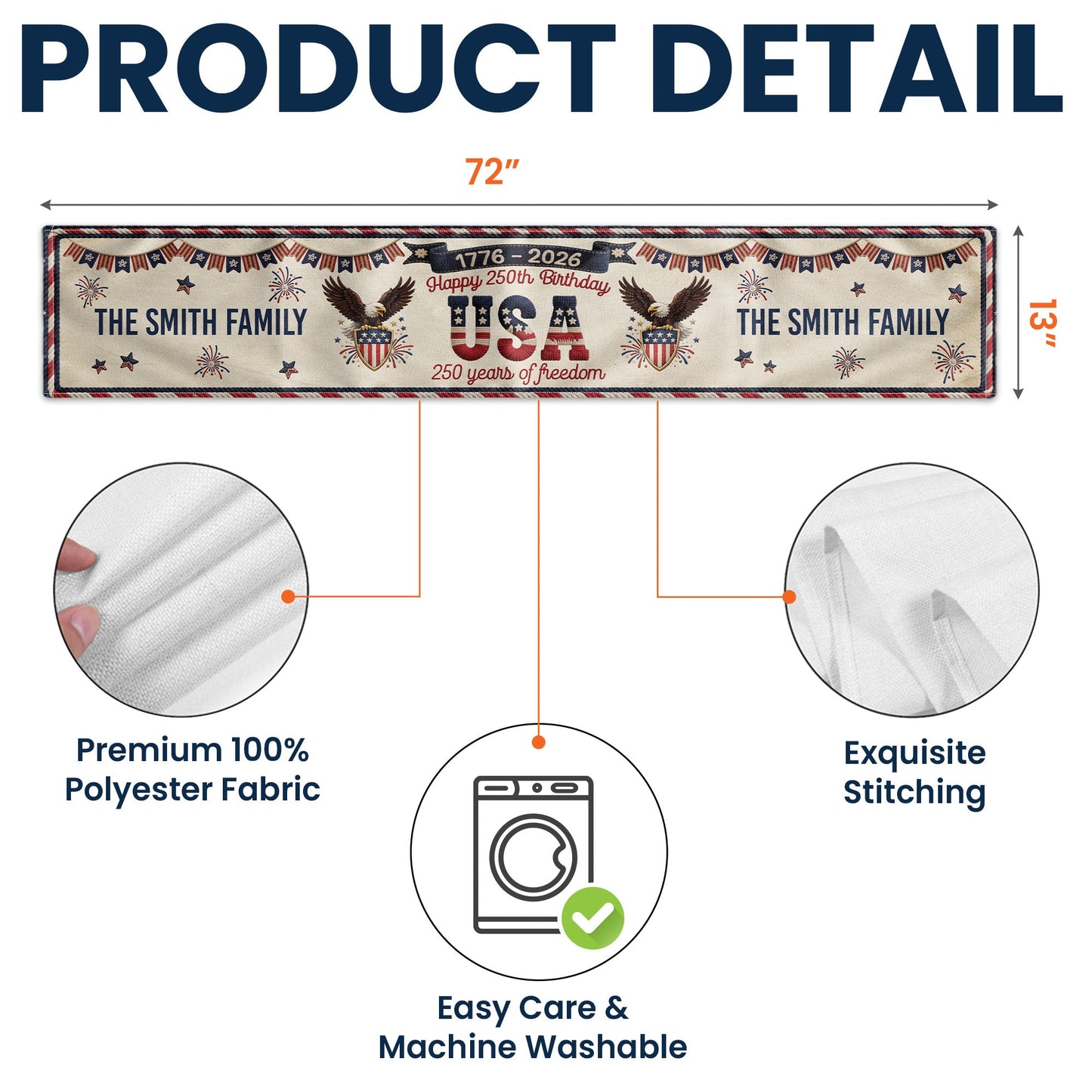 America 250Th Anniversary Faux Pattern - Personalized Table Runner
