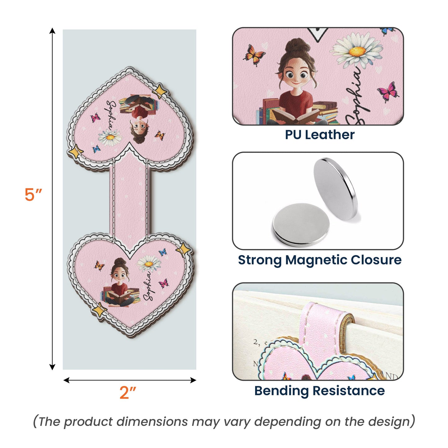 Birth Flower, Book Lover, Heart Shaped - Personalized Leather Magnetic Bookmark