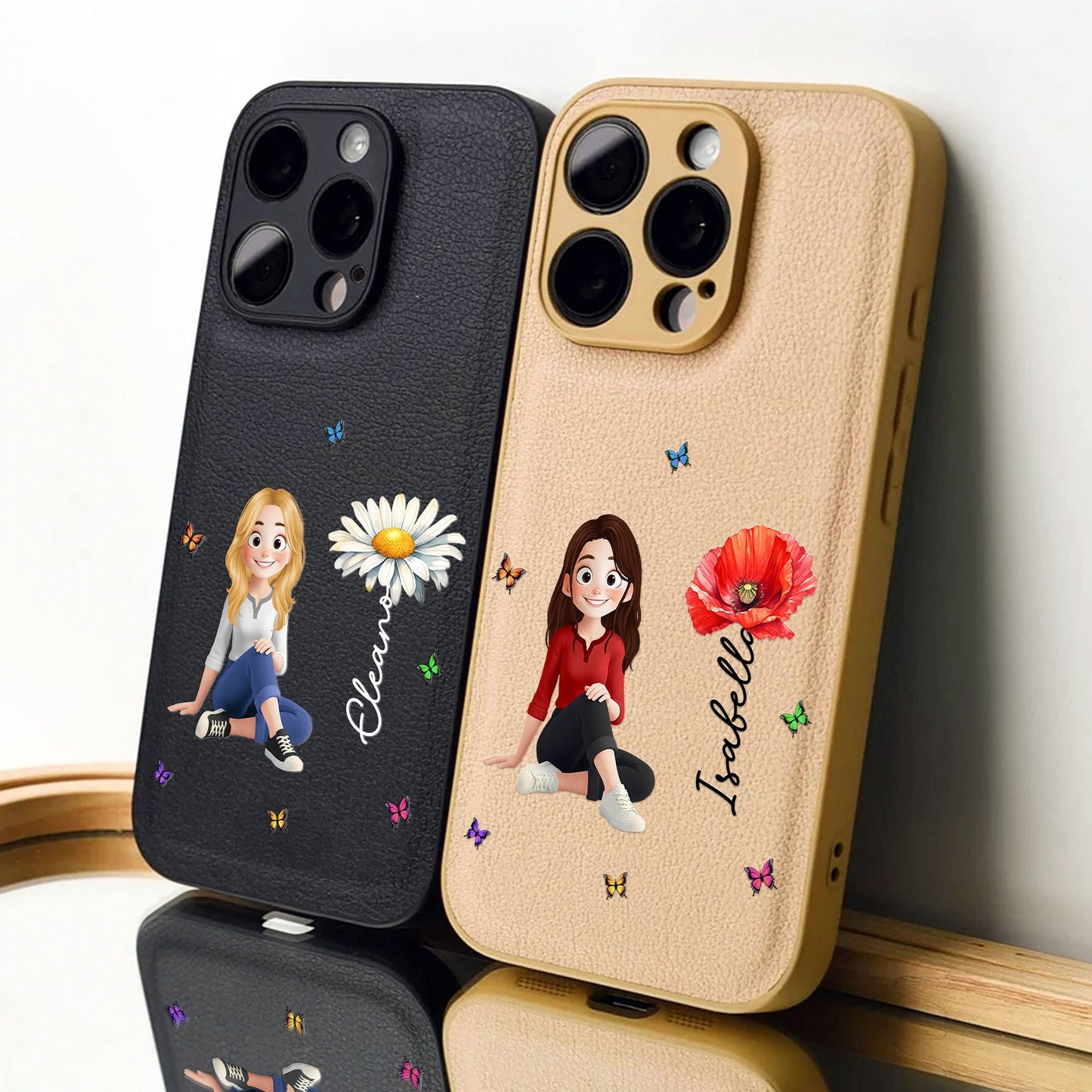 Birth Flower Gift For Daughter, Sister, Friend - Personalized Leather Phone Case