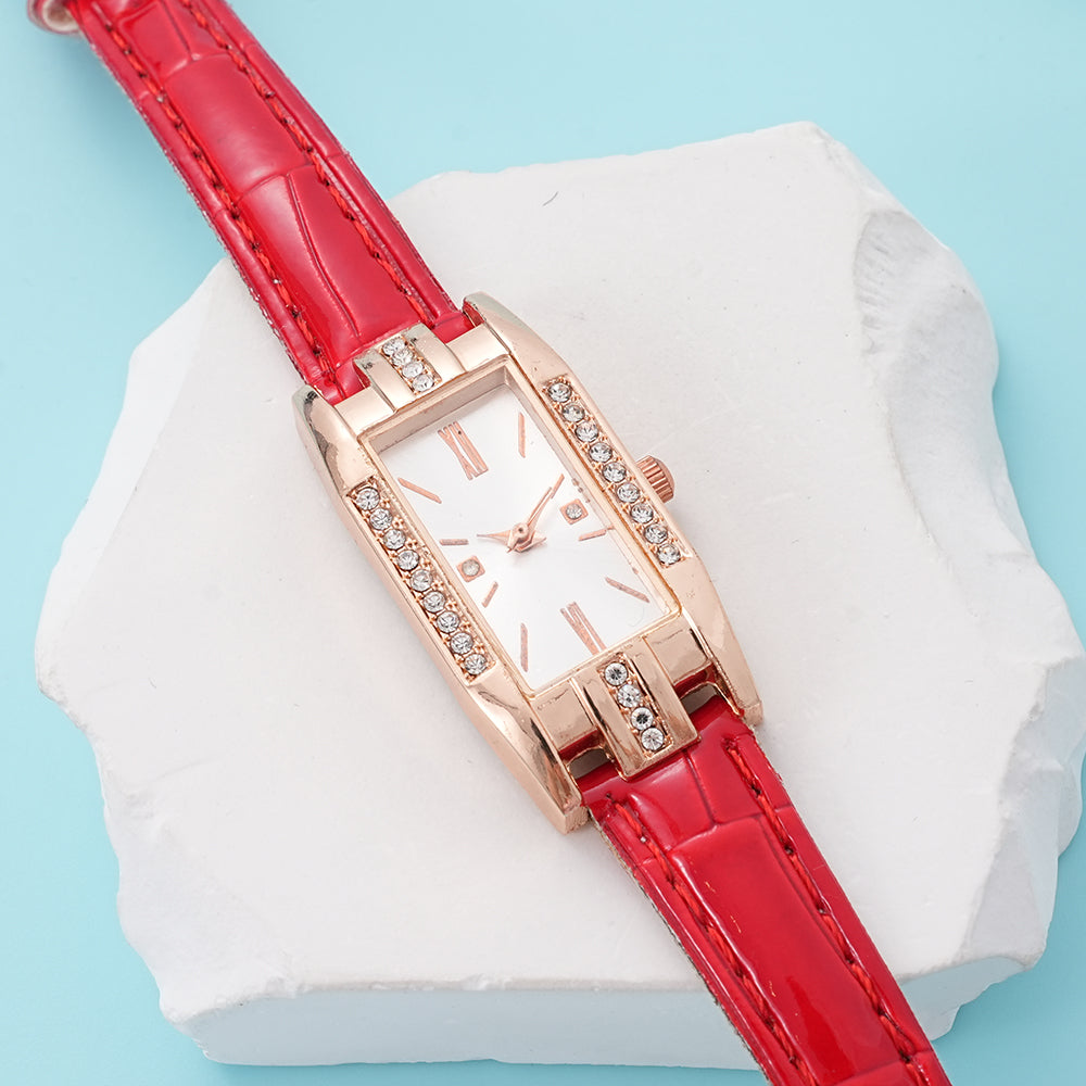UIONEN Red Leather Strap Rectangle Dial Watches for Daily Wear & Office Commute