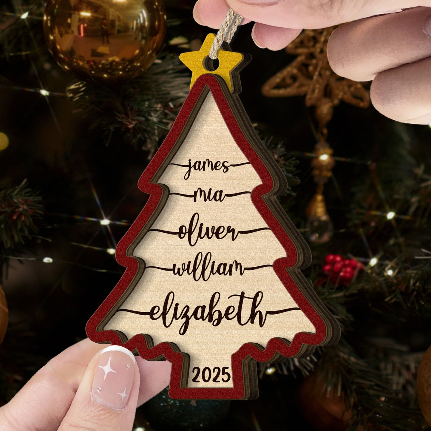 2025 Family Christmas Ornament, Christmas Tree Ornament With Names - Personalized Wooden Ornament
