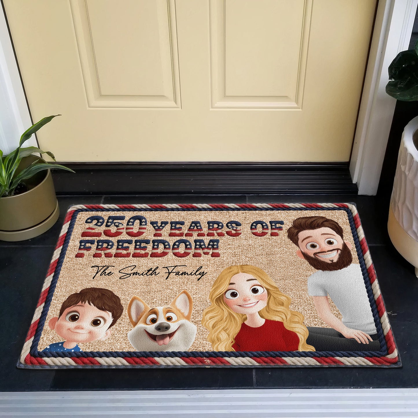 250 Years Of Freedom 3D Family Version Faux Yarn Pattern - Personalized Doormat