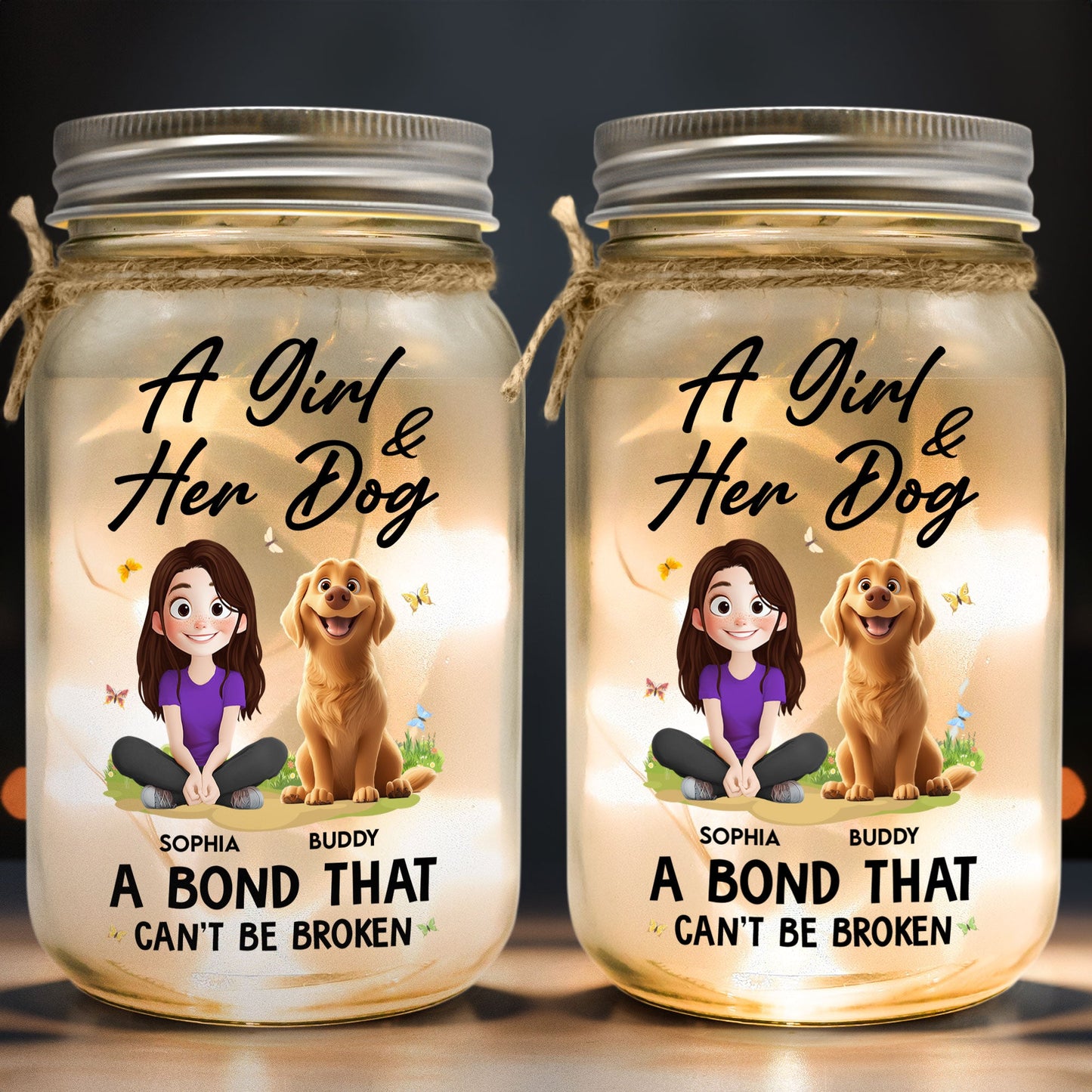 A Girl And Her Dogs - New Cartoon Pet - Personalized Mason Jar Light
