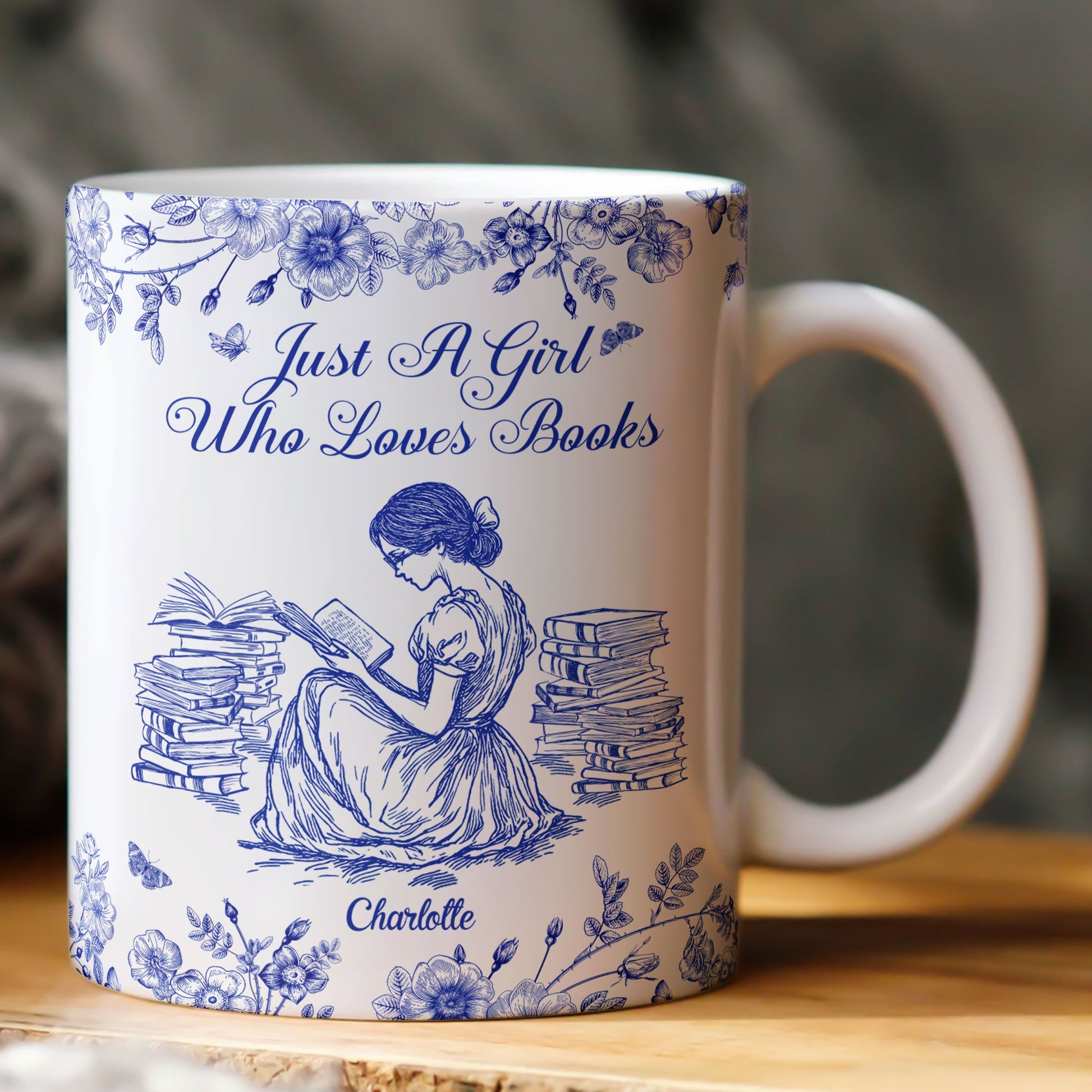 A Girl Who Loves Books Toile De Jouy - Personalized Mug