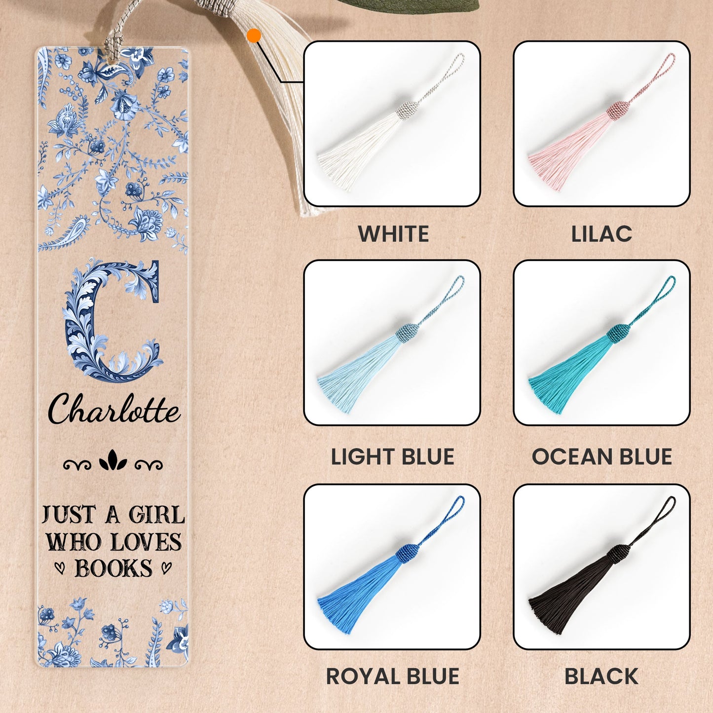 A Girl Who Loves Books Toile De Jouy - Personalized Acrylic Bookmark And Keychain Set