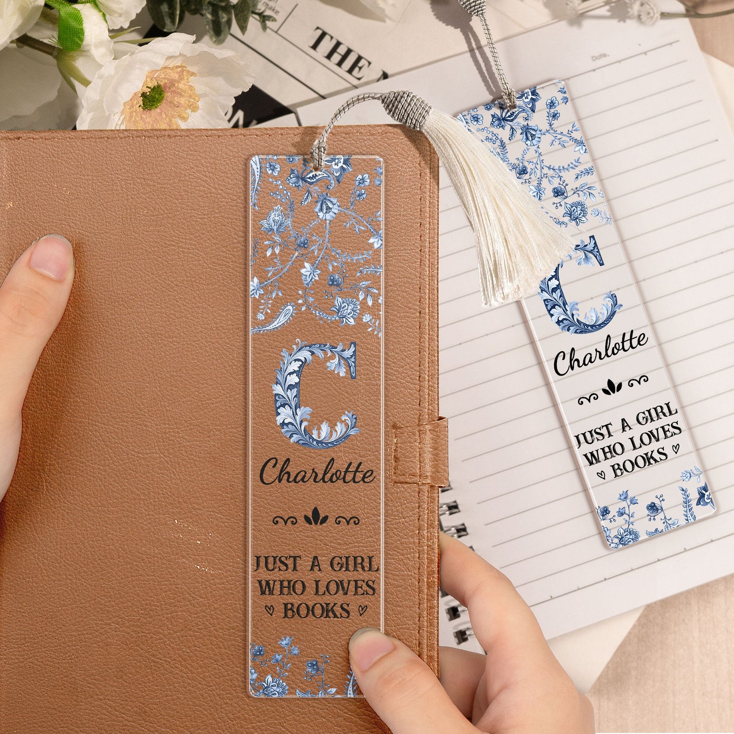 A Girl Who Loves Books Toile De Jouy - Personalized Acrylic Bookmark And Keychain Set