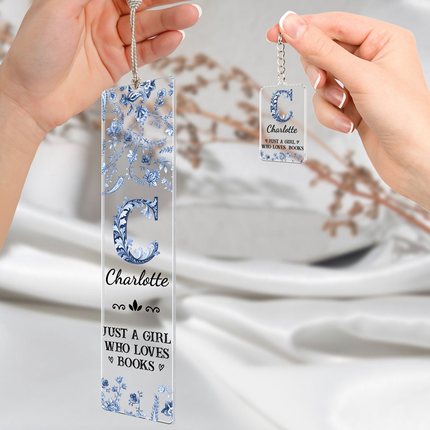 A Girl Who Loves Books Toile De Jouy - Personalized Acrylic Bookmark And Keychain Set