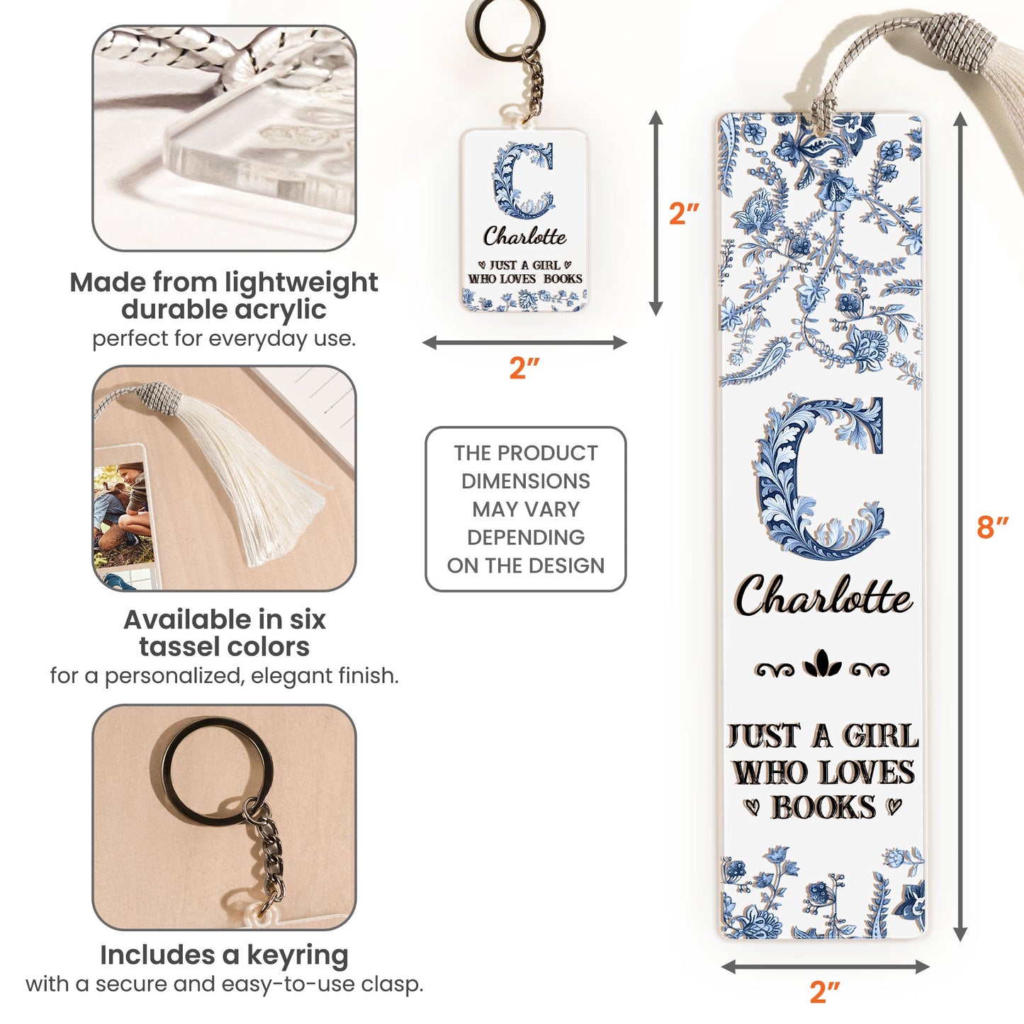 A Girl Who Loves Books Toile De Jouy - Personalized Acrylic Bookmark And Keychain Set