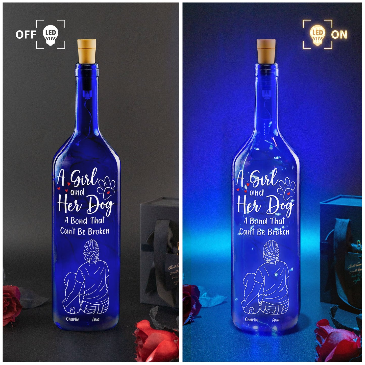 A Girl With Her Dog - Personalized Blue Bottle Lamp