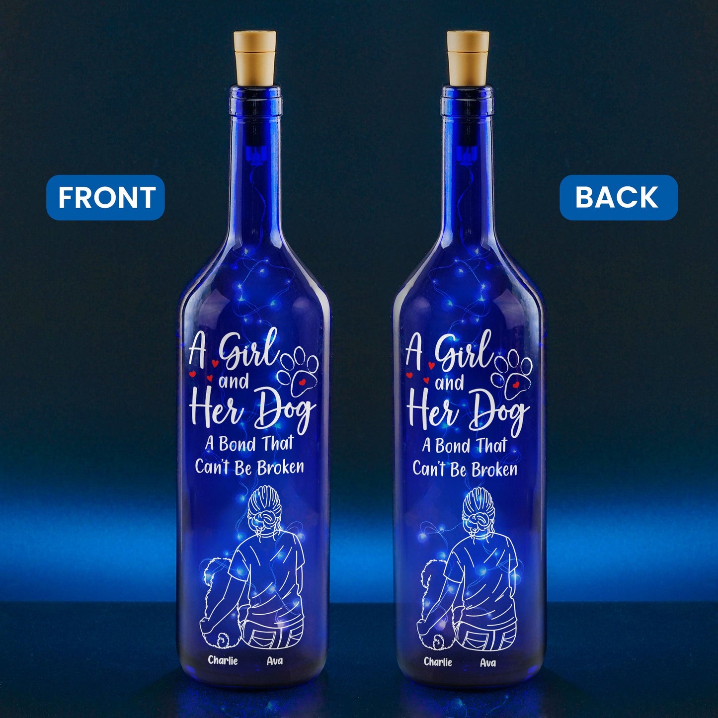 A Girl With Her Dog - Personalized Blue Bottle Lamp