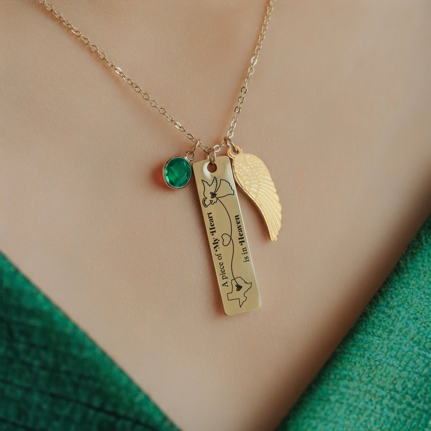 A Piece Of My Heart Is In Heaven - Personalized Birthstone Memorial Necklace