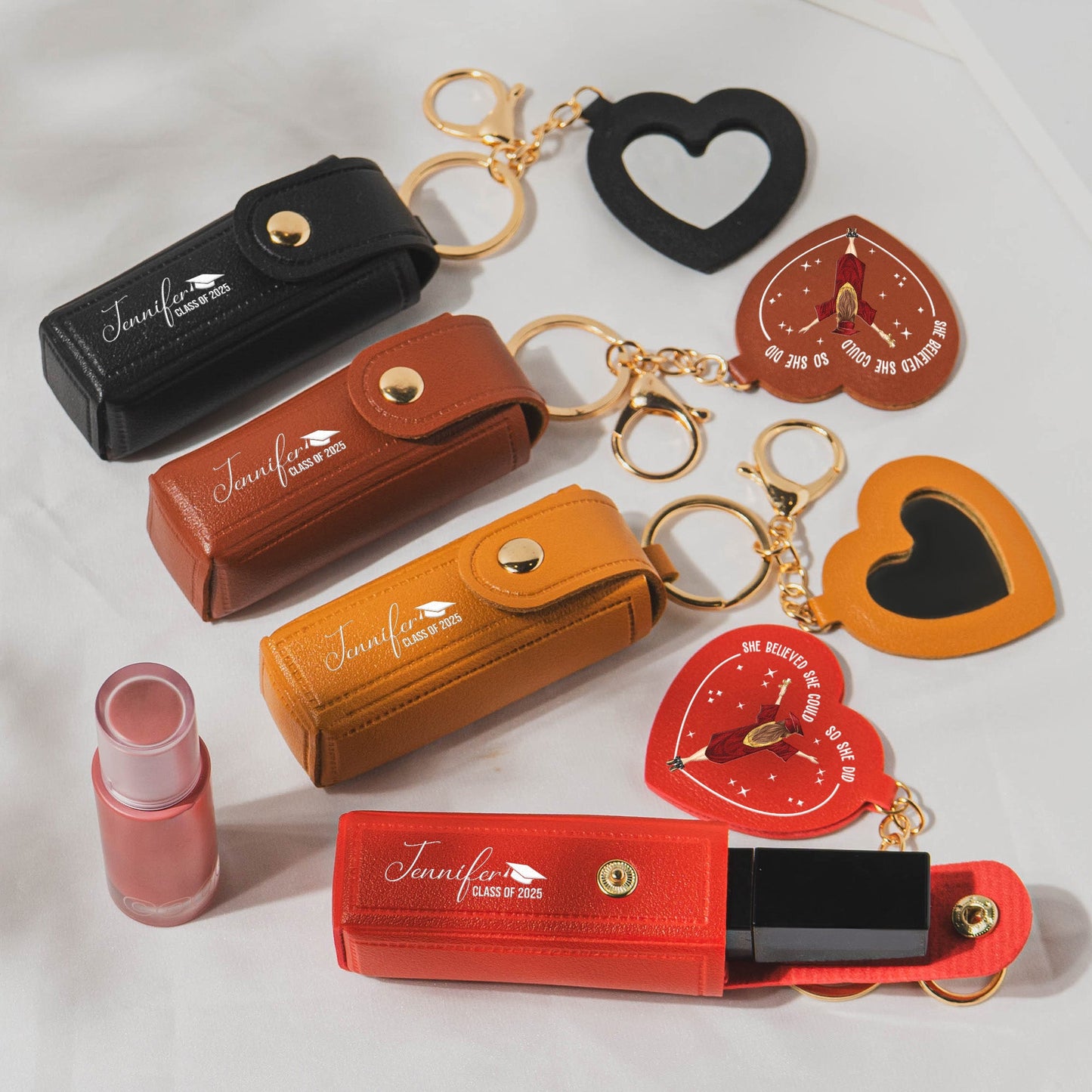 A Sweet Ending To A New Beginning Graduation Gifts - Personalized Leather Lipstick Case With Mirror Keychain