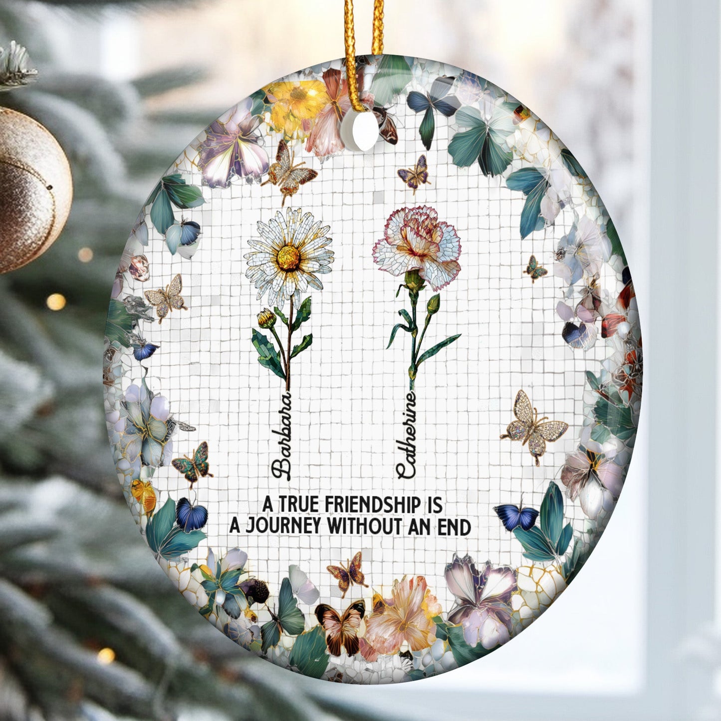 A True Friendship Is A Journey Birth Flowers Mosaic Style - Personalized Ceramic Ornament