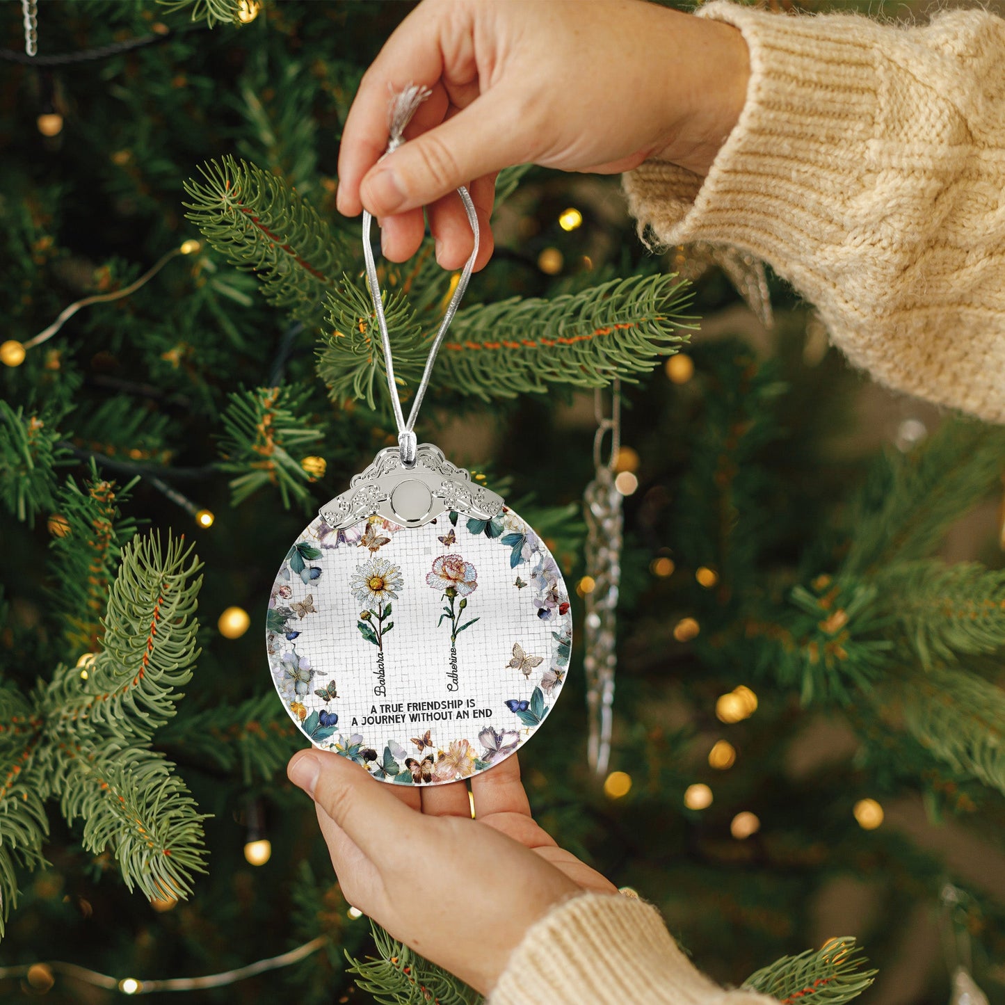 A True Friendship Is A Journey Mosaic Birth Flowers - Personalized Glass Ornament With Silver Cap