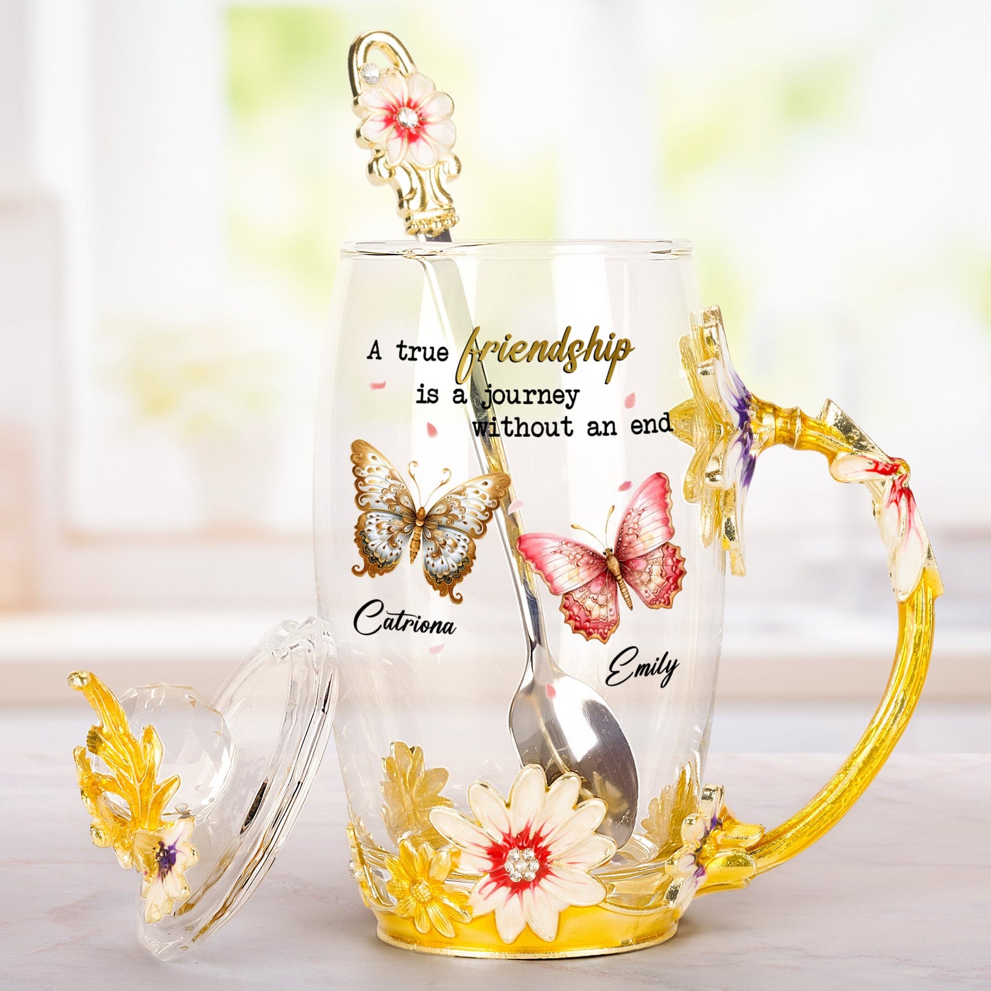 A True Friendship Is A Journey Without An End - Personalized Enamel Flower Tea Cup
