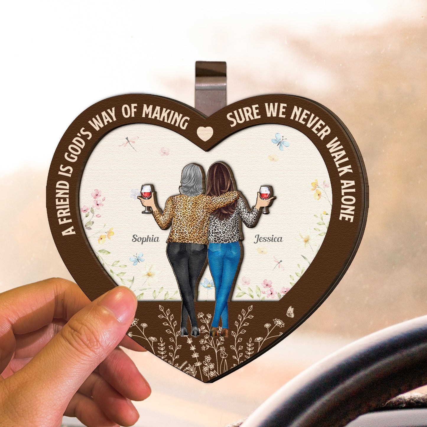 A True Friendship Is A Journey Without An End - Personalized Wooden Car Visor Clip