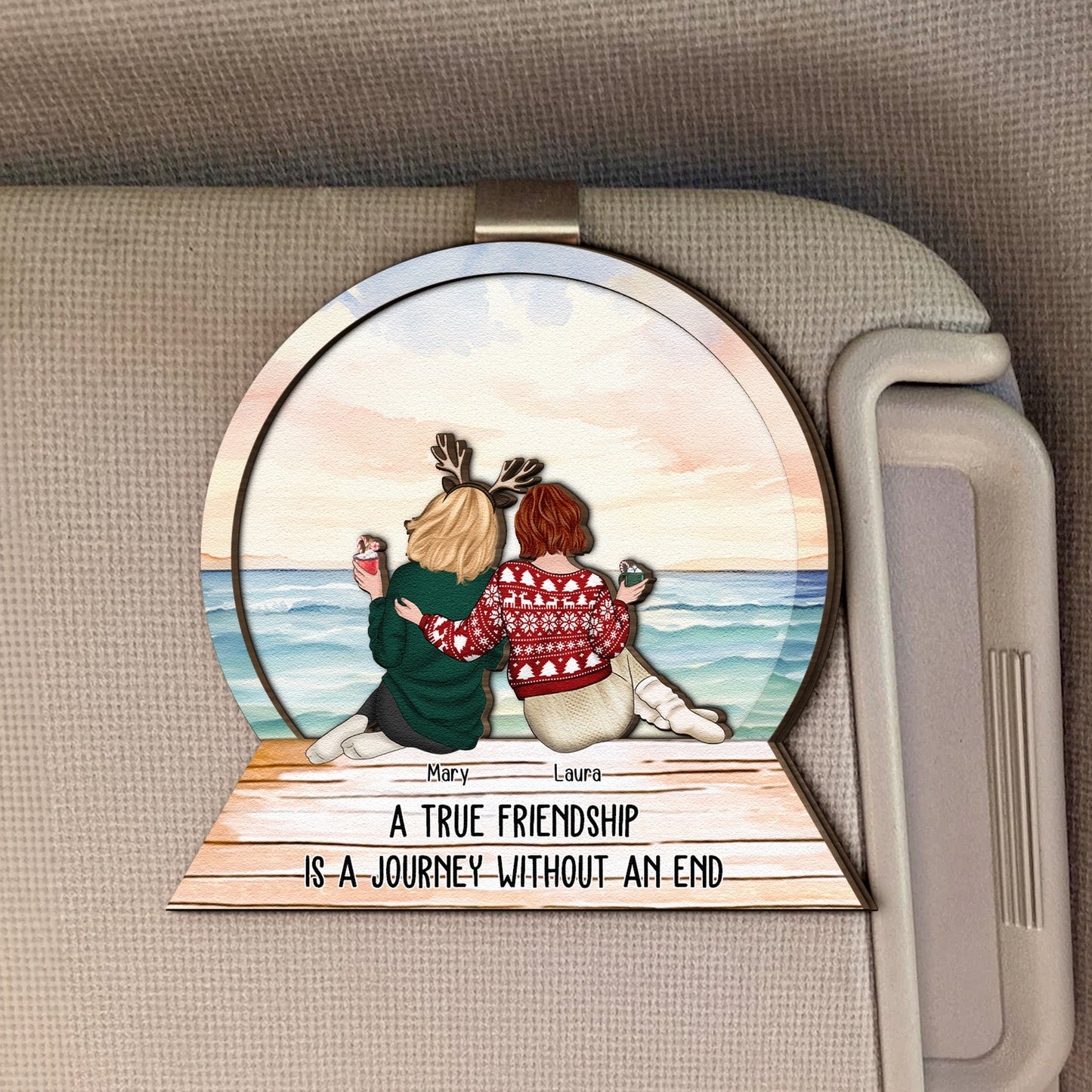 A True Friendship Is A Journey Without An End - Personalized Wooden Car Visor Clip