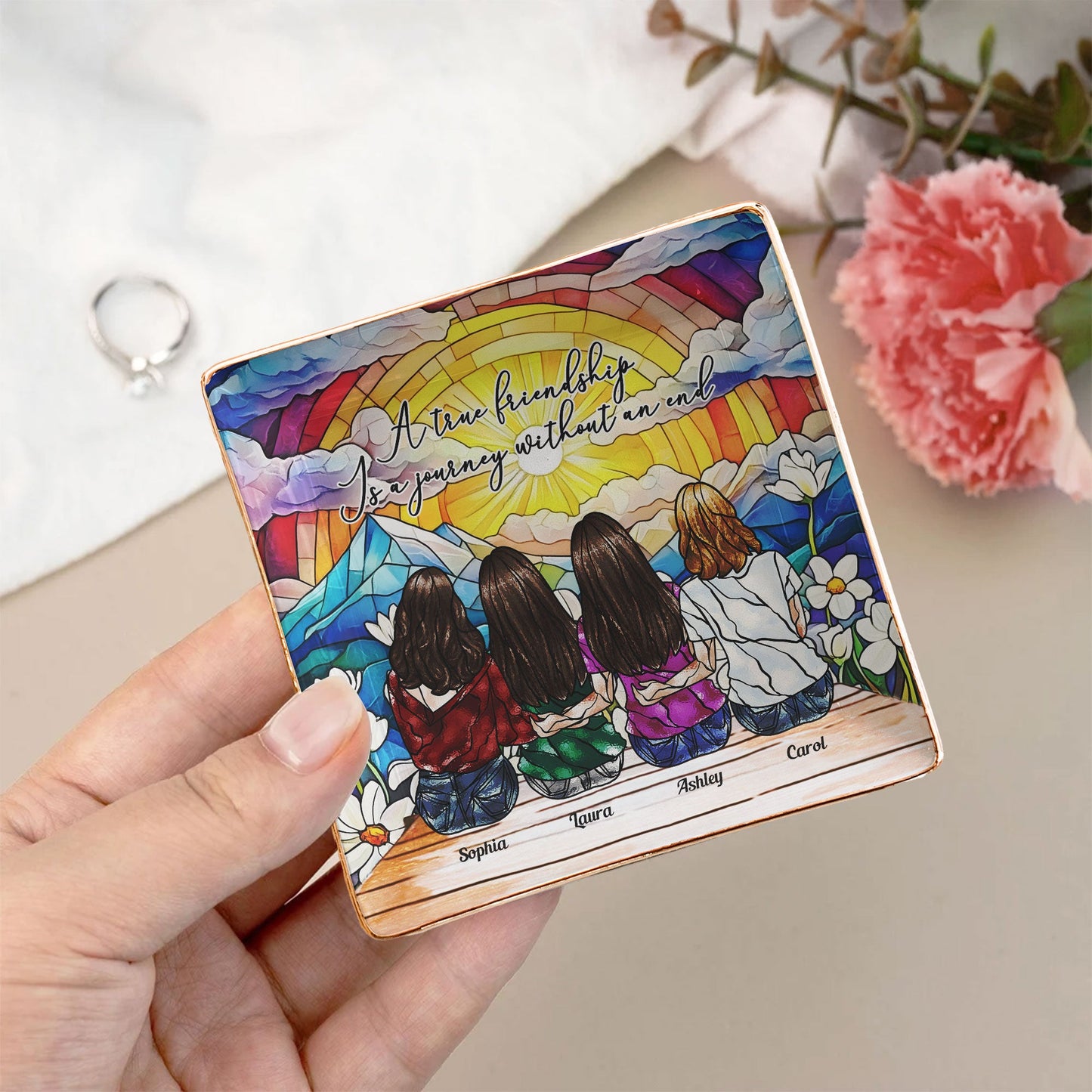 A True Friendship Is A Journey Without An End Stained Glass Style - Personalized Jewelry Dish