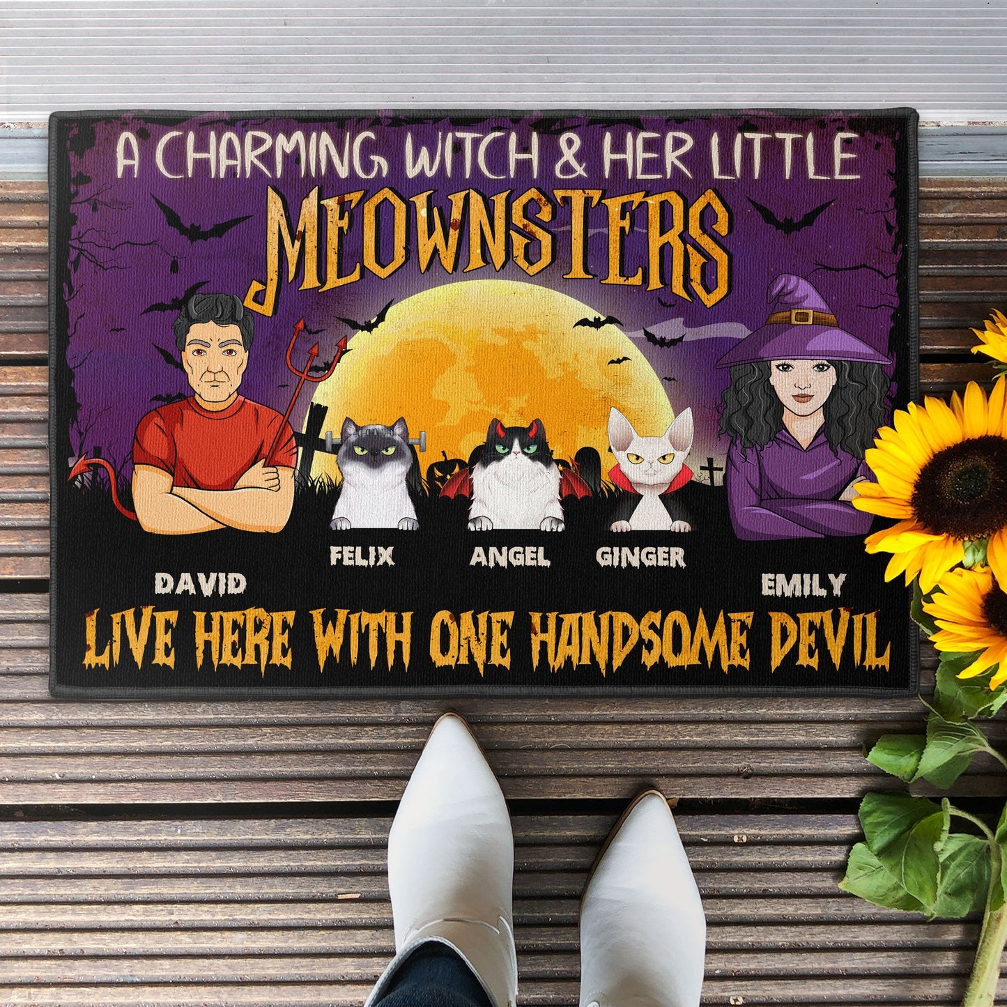 A Witch, A Devil & Their Meownsters - Personalized Doormat - Halloween Gift For Spouse, Husband, Wife, Couple, Outdoor Decor, Cat Owners