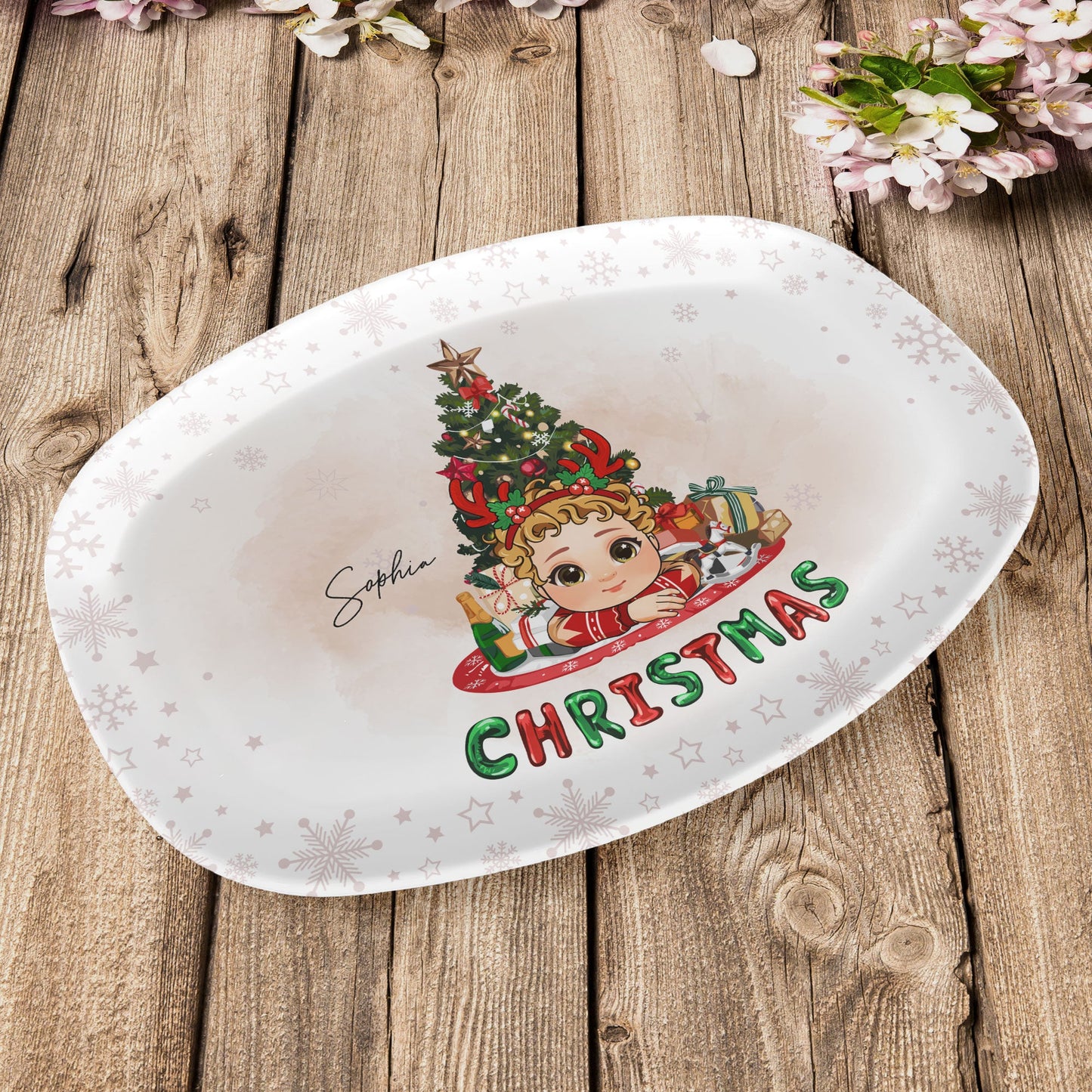 Adorable Kid With Christmas Tree - Personalized Platter