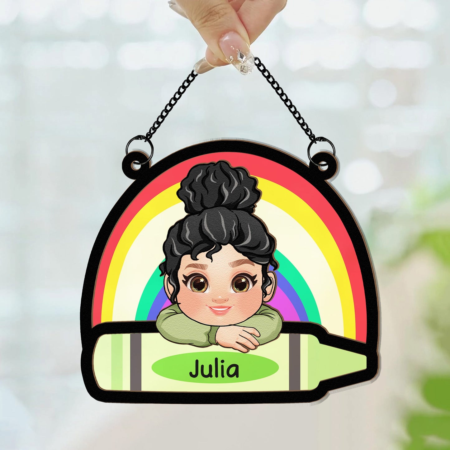 Adorable Kid With Colorful Crayons - Personalized Window Hanging Suncatcher Ornament