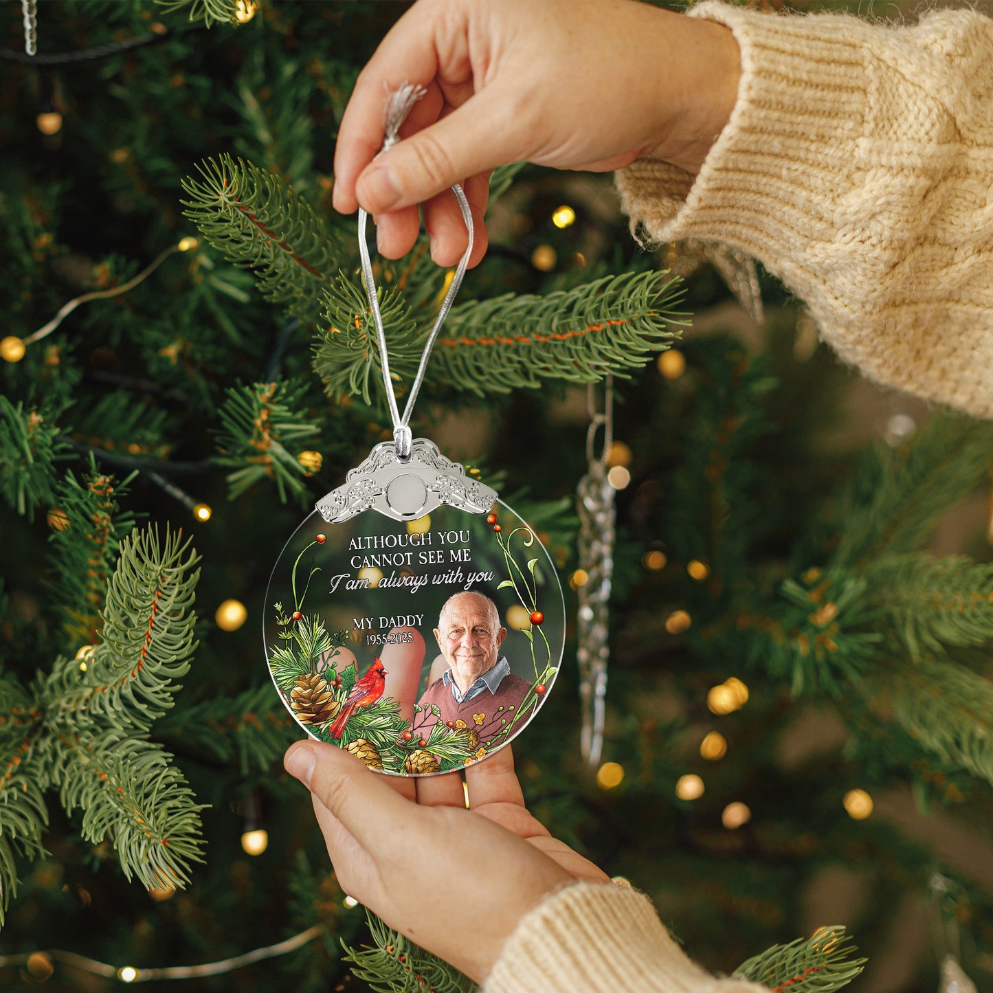 Although You Cannot See Me I'm Always With You - Personalized Glass Photo Ornament With Silver Cap