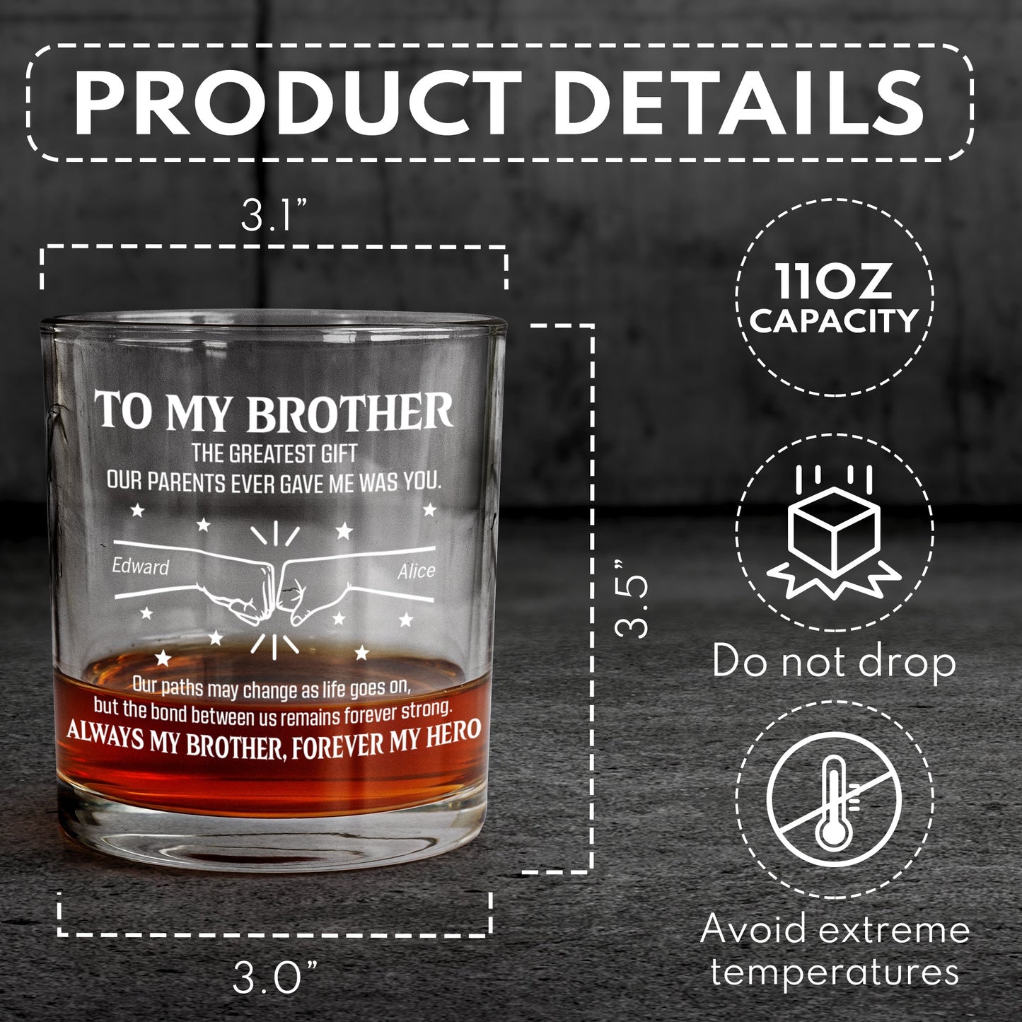 Always My Brother, Forever My Hero - Personalized Whiskey Glass