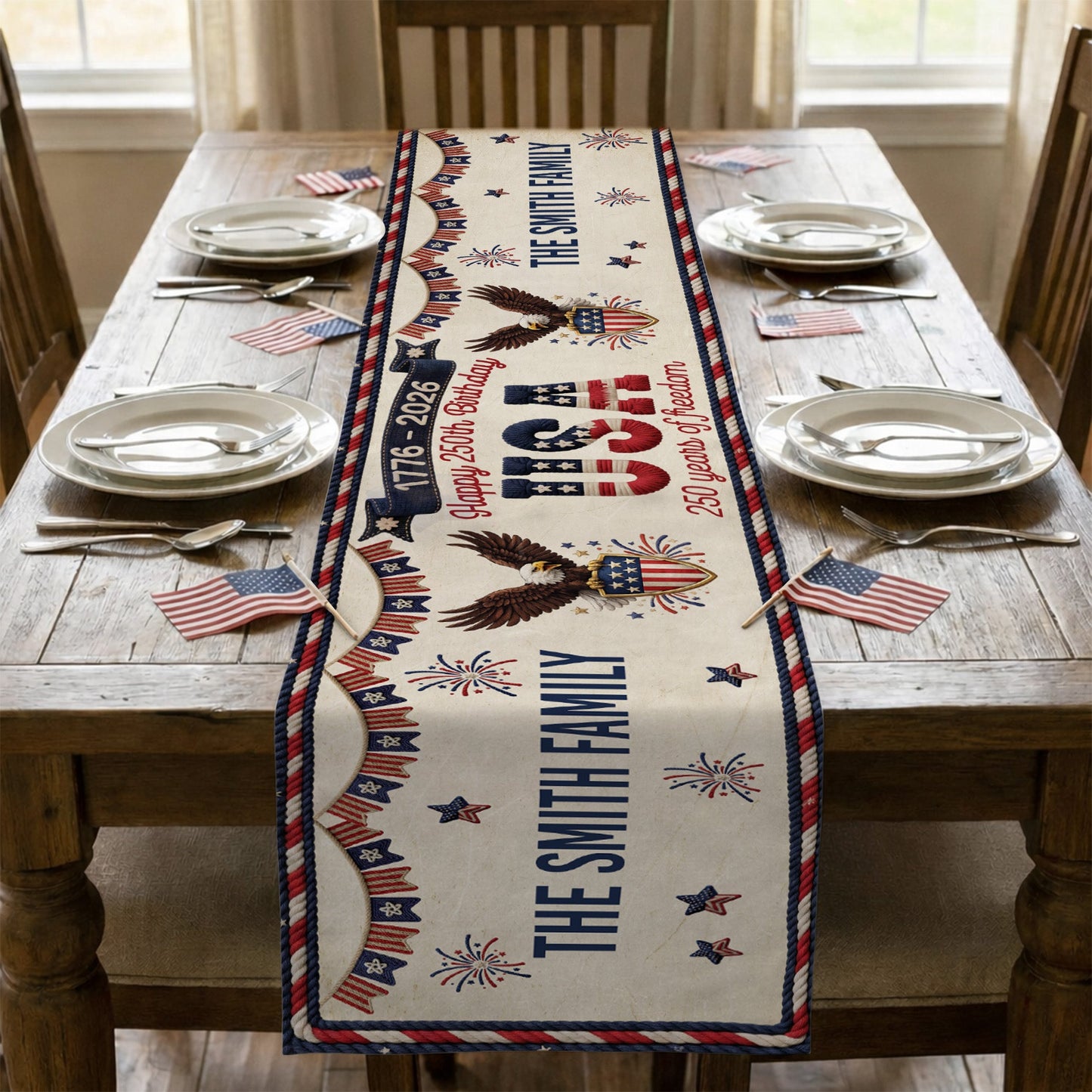 America 250Th Anniversary Faux Pattern - Personalized Table Runner