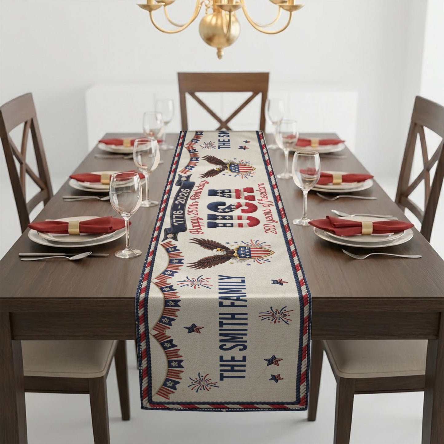 America 250Th Anniversary Faux Pattern - Personalized Table Runner