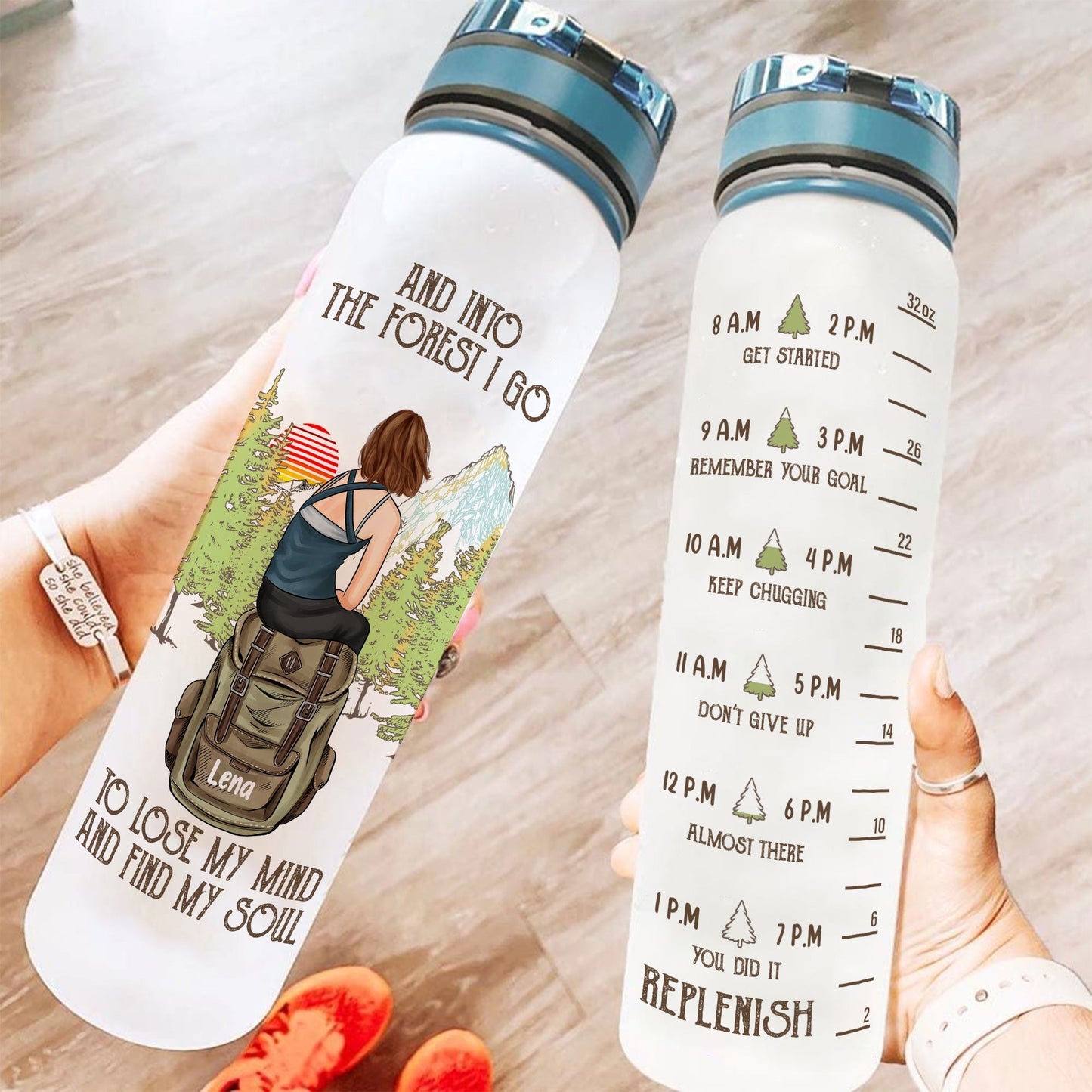 And Into The Forest I Go - Personalized Water Bottle With Time Marker - Birthday, Motivation Gift For Hiker, Hiking Lover, Camping lover, Camping  Girl