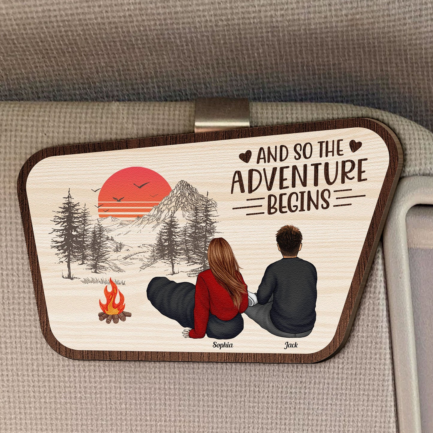 And So The Adventure Begins - Personalized Wooden Car Visor Clip