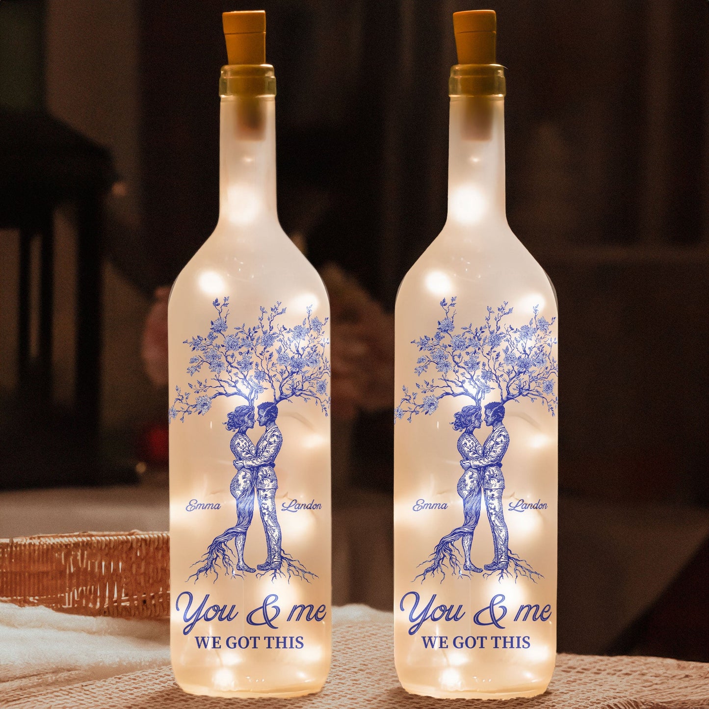 Anniversary Gift Toile De Jouy Style You & Me We Got This - Personalized Bottle Lamp