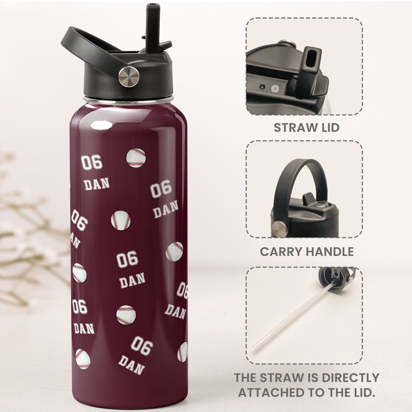 Baseball Custom Name, Number - Personalized Stainless Steel Water Bottle