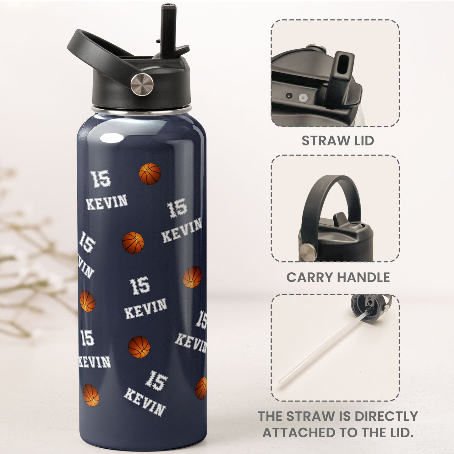 Basketball Custom Name, Number - Personalized Stainless Steel Water Bottle