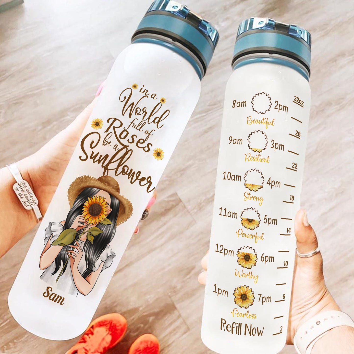 Be A Sunflower Cause You Are Awesome - Personalized Water Tracker Bottle