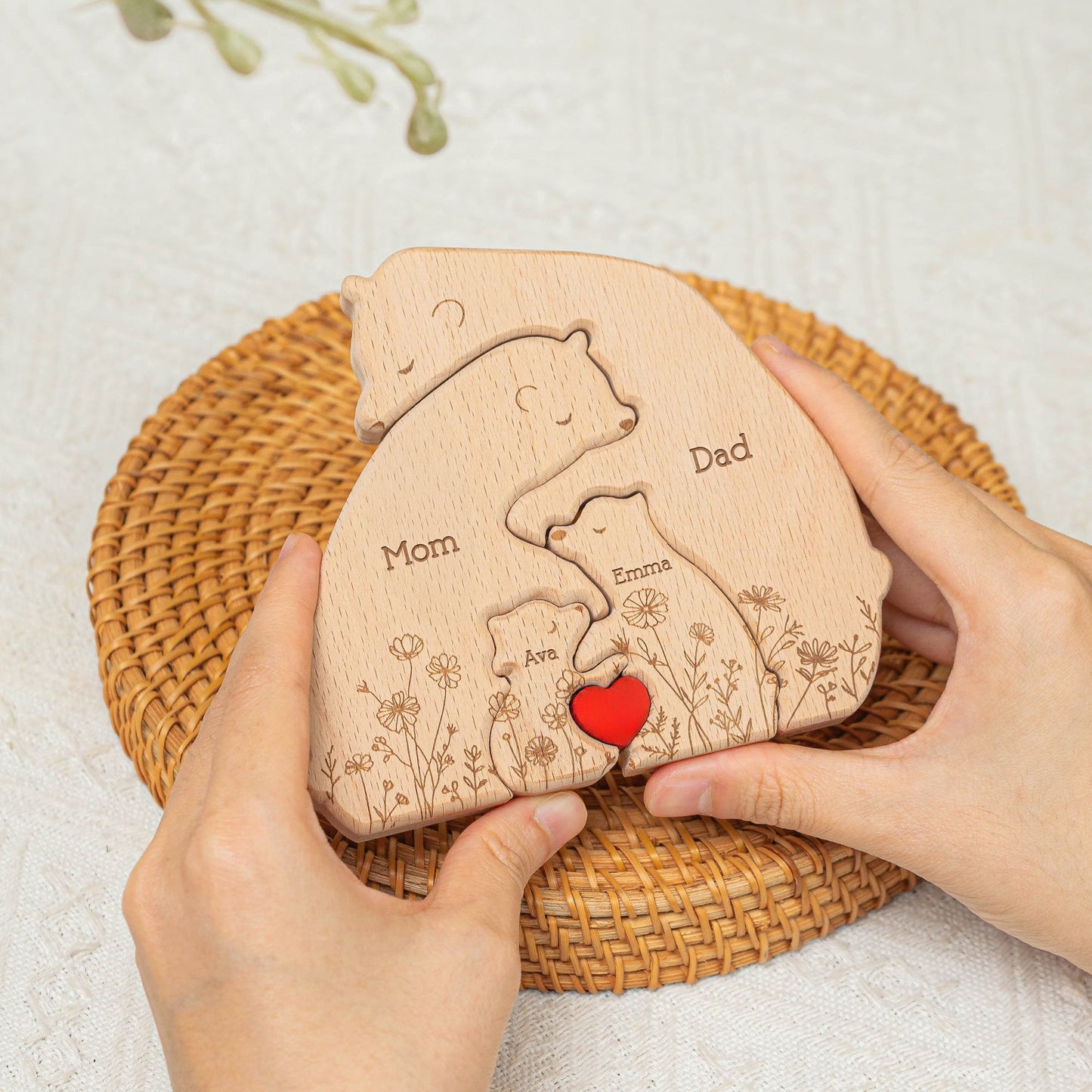 Bear Family Custom Name Floral Version - Personalized Wooden Bear Family Puzzle