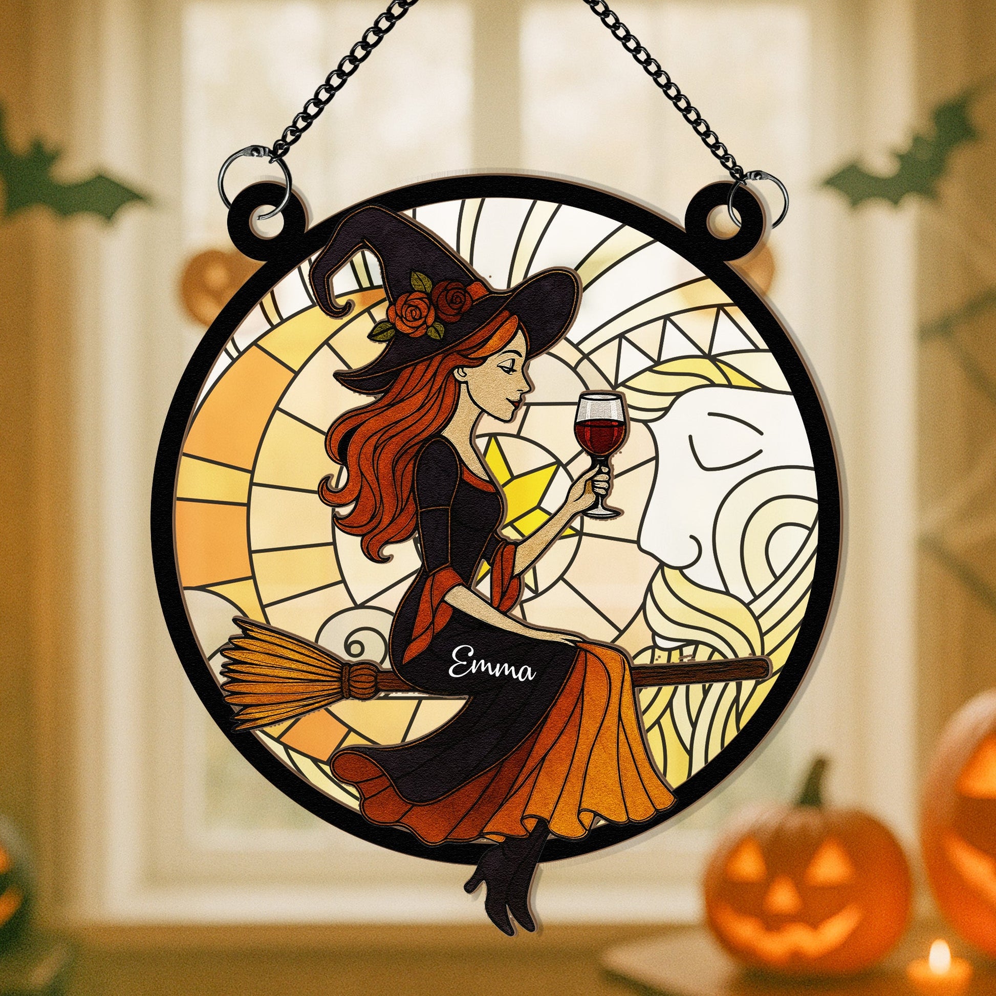 Beautiful Witch Drink Wine - Personalized Window Hanging Suncatcher Ornament