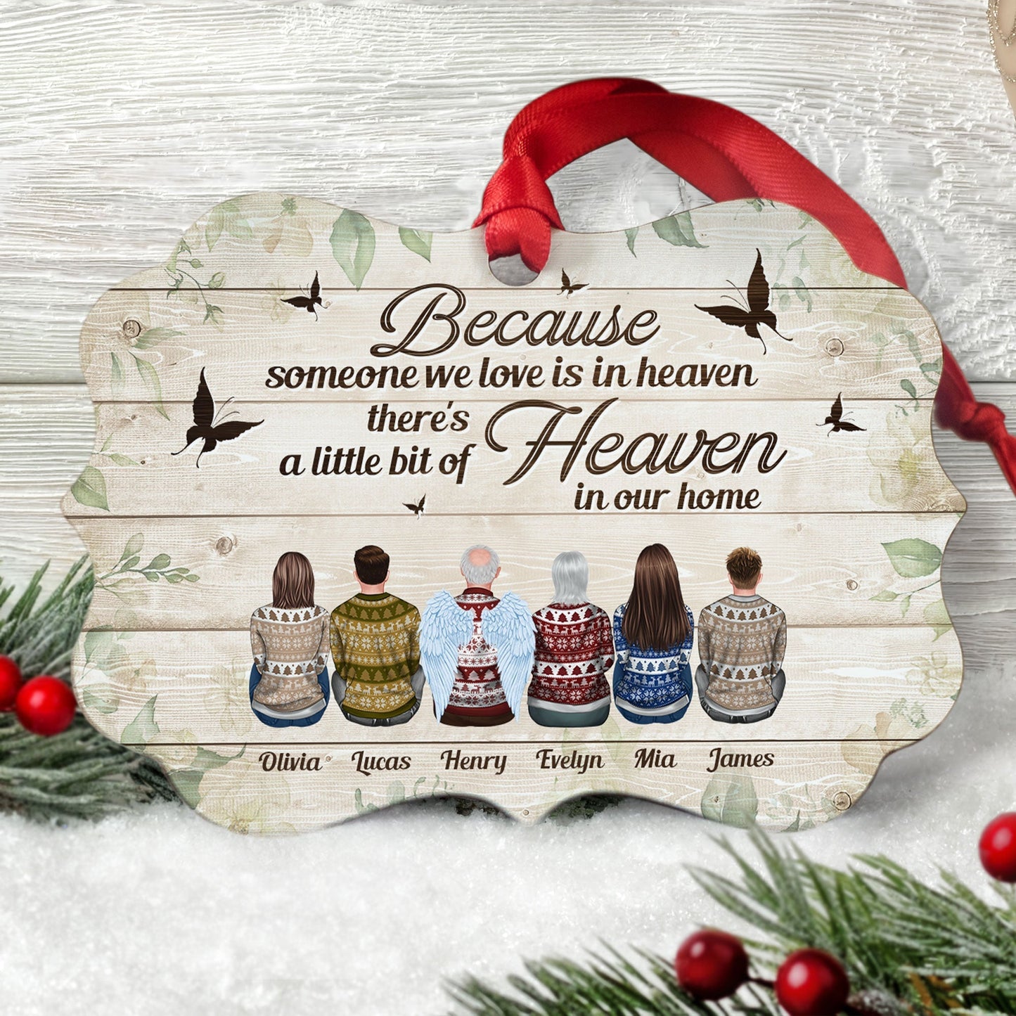 Because Someone We Love Is In Heaven - Personalized Aluminum Ornament - Christmas Gift Memorial Ornament For Family - Ugly Christmas Sweater Sitting