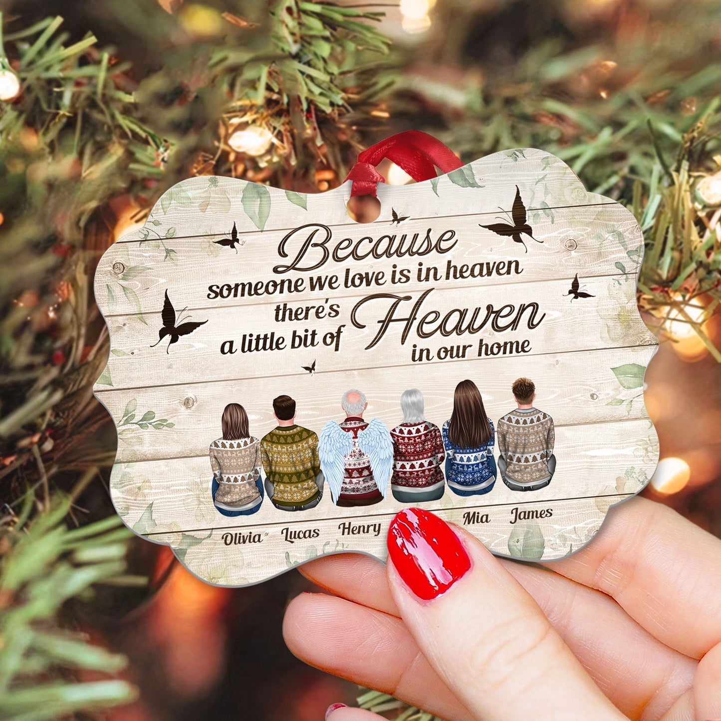 Because Someone We Love Is In Heaven - Personalized Aluminum Ornament - Christmas Gift Memorial Ornament For Family - Ugly Christmas Sweater Sitting