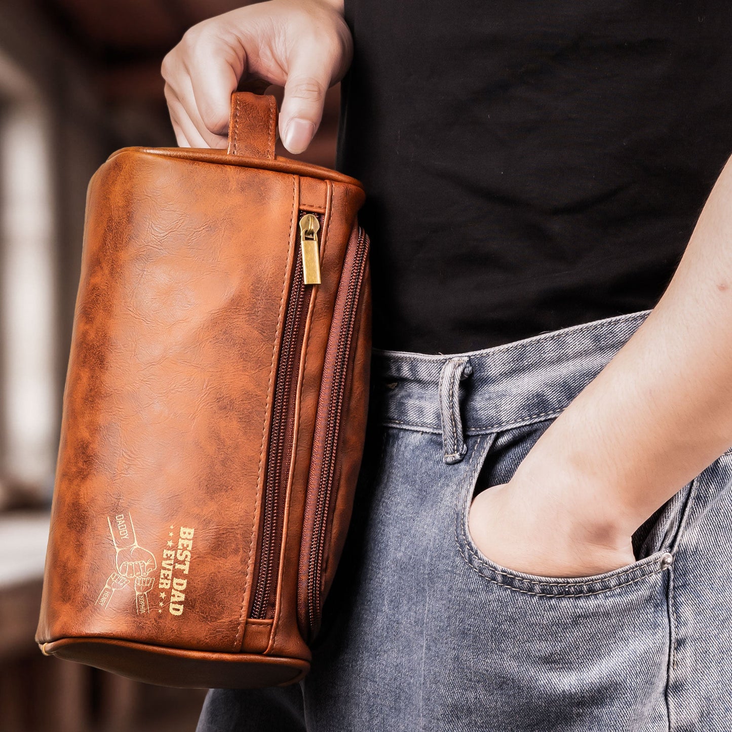 Best Dad Ever - Personalized Leather Toiletry Bag