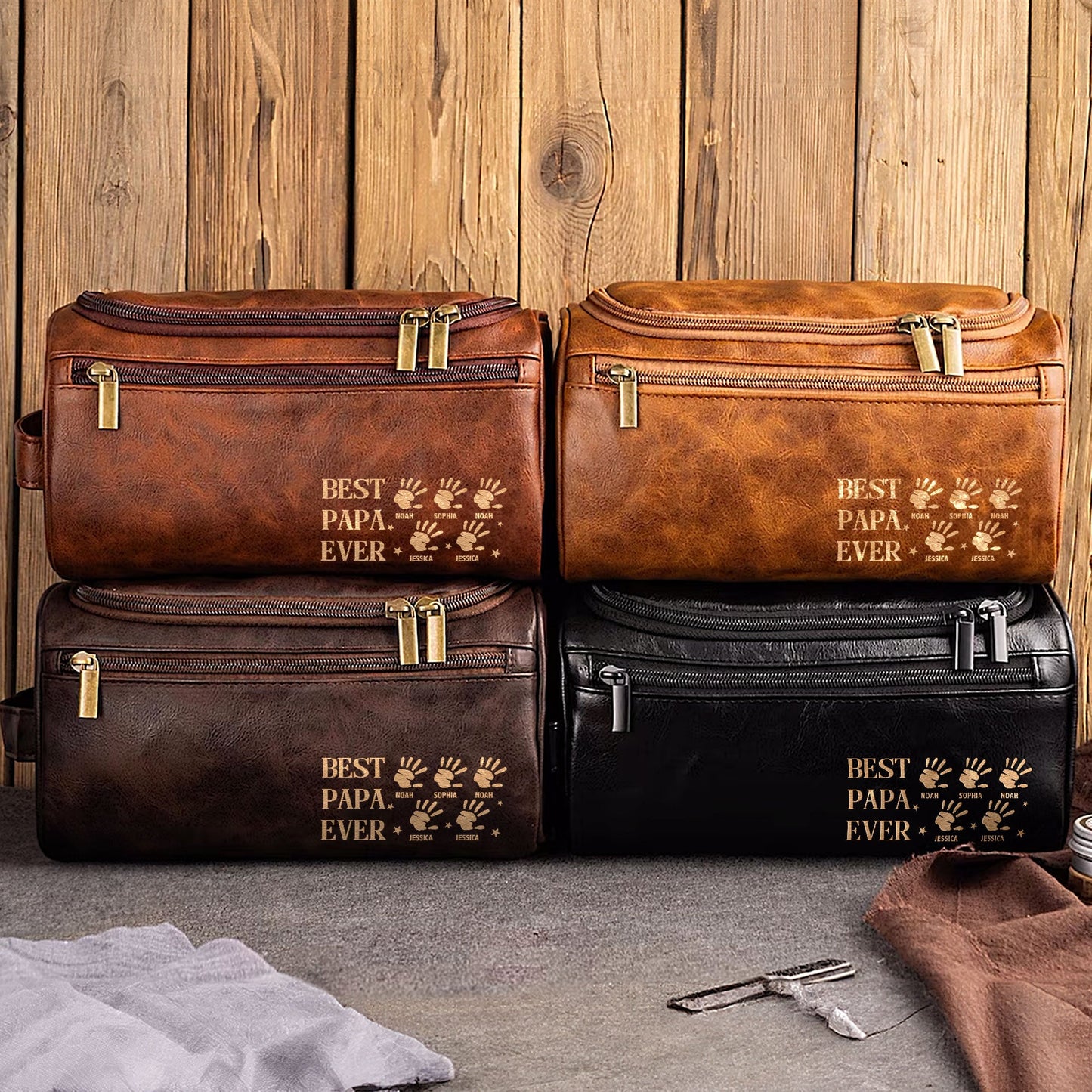 Best Papa Ever - Handprints - Personalized Leather Toiletry Bag